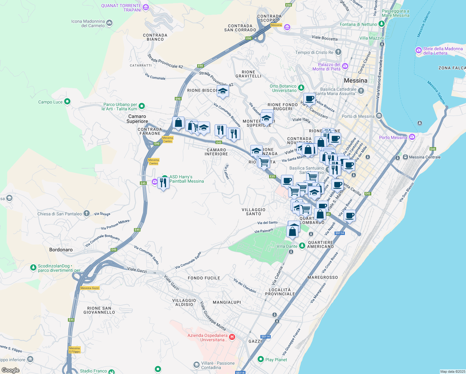map of restaurants, bars, coffee shops, grocery stores, and more near Salita Montesanto Contrada Petrazza in Messina