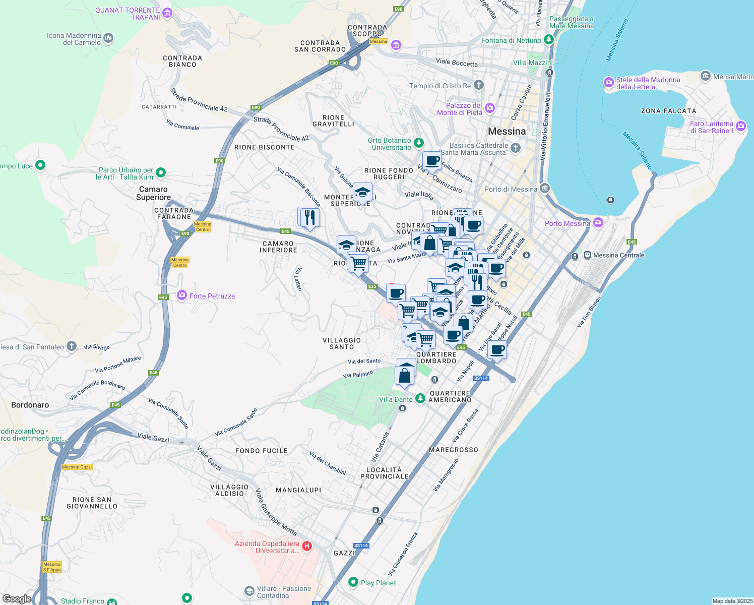 map of restaurants, bars, coffee shops, grocery stores, and more near 9 Via Oglio in Messina
