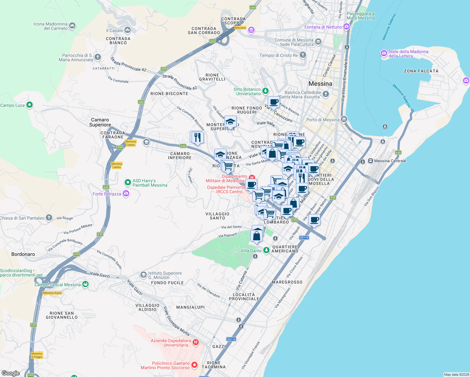 map of restaurants, bars, coffee shops, grocery stores, and more near 9 Via Oglio in Messina