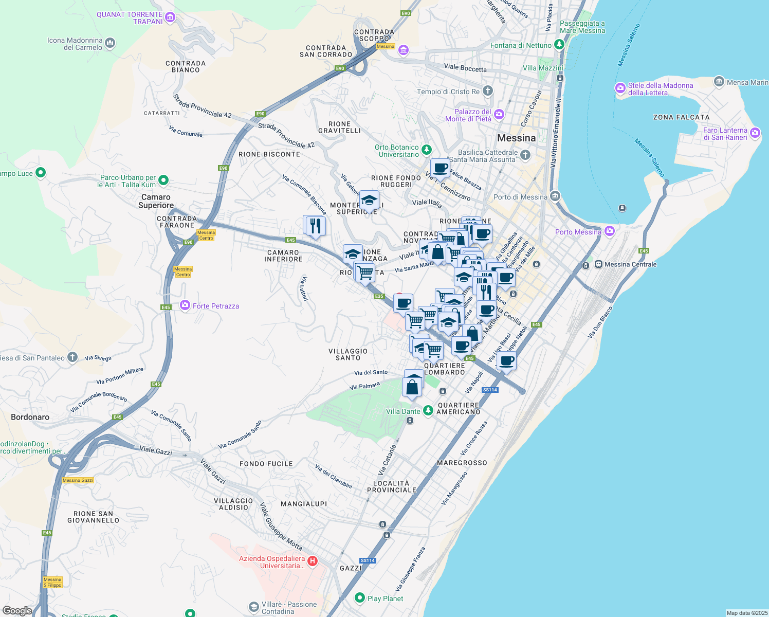 map of restaurants, bars, coffee shops, grocery stores, and more near 9 Via Oglio in Messina