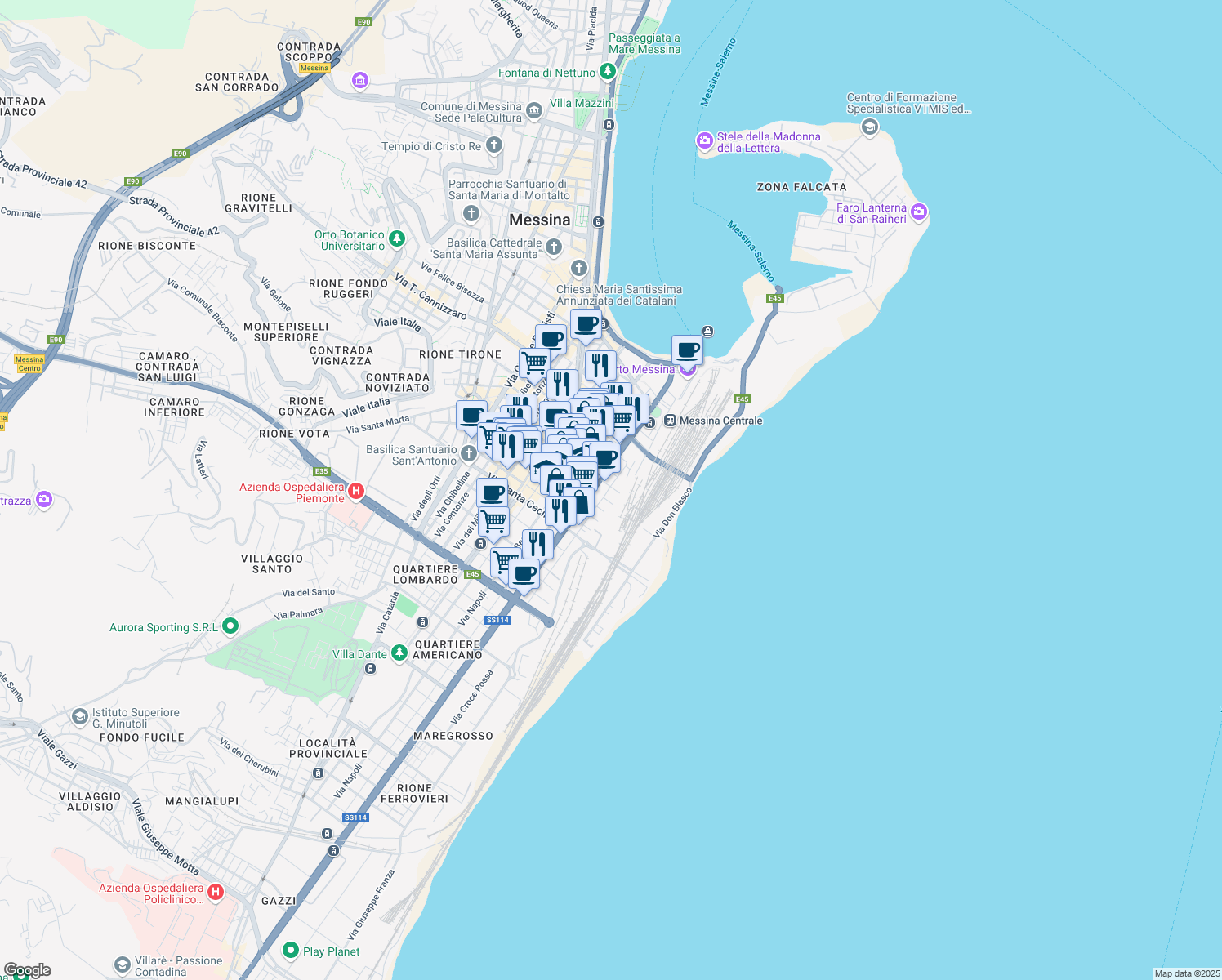 map of restaurants, bars, coffee shops, grocery stores, and more near 130 Via Industriale in Messina