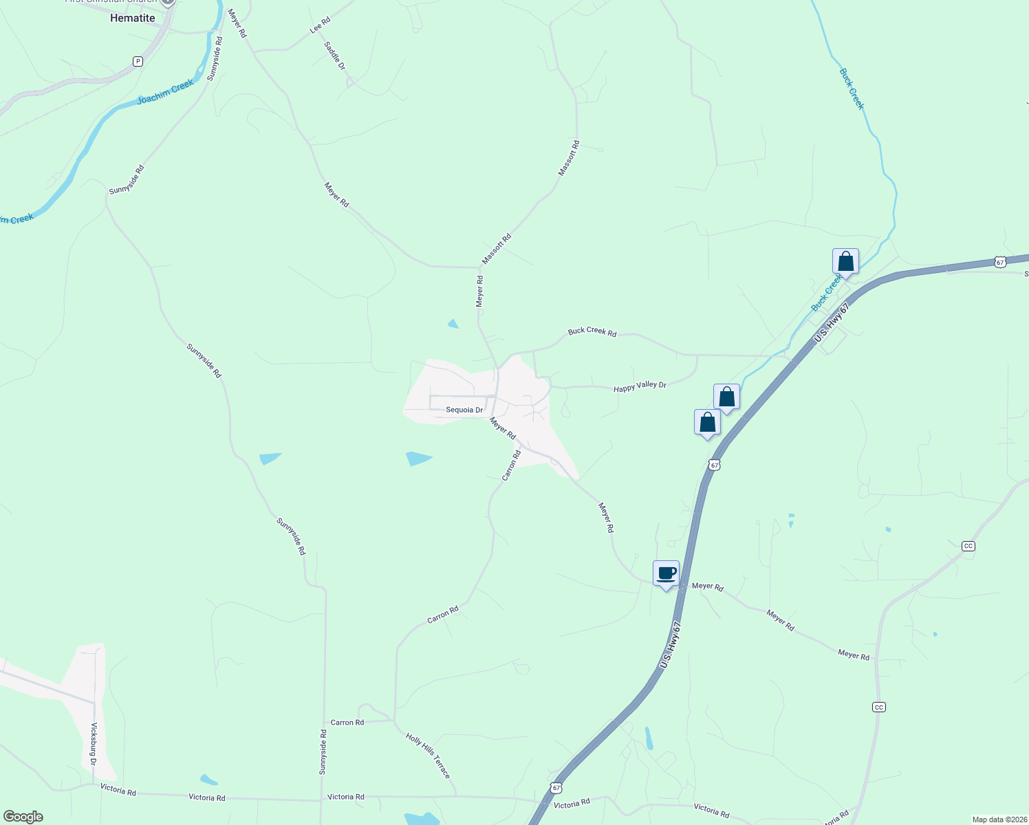 map of restaurants, bars, coffee shops, grocery stores, and more near 3037 Meyer Road in Festus