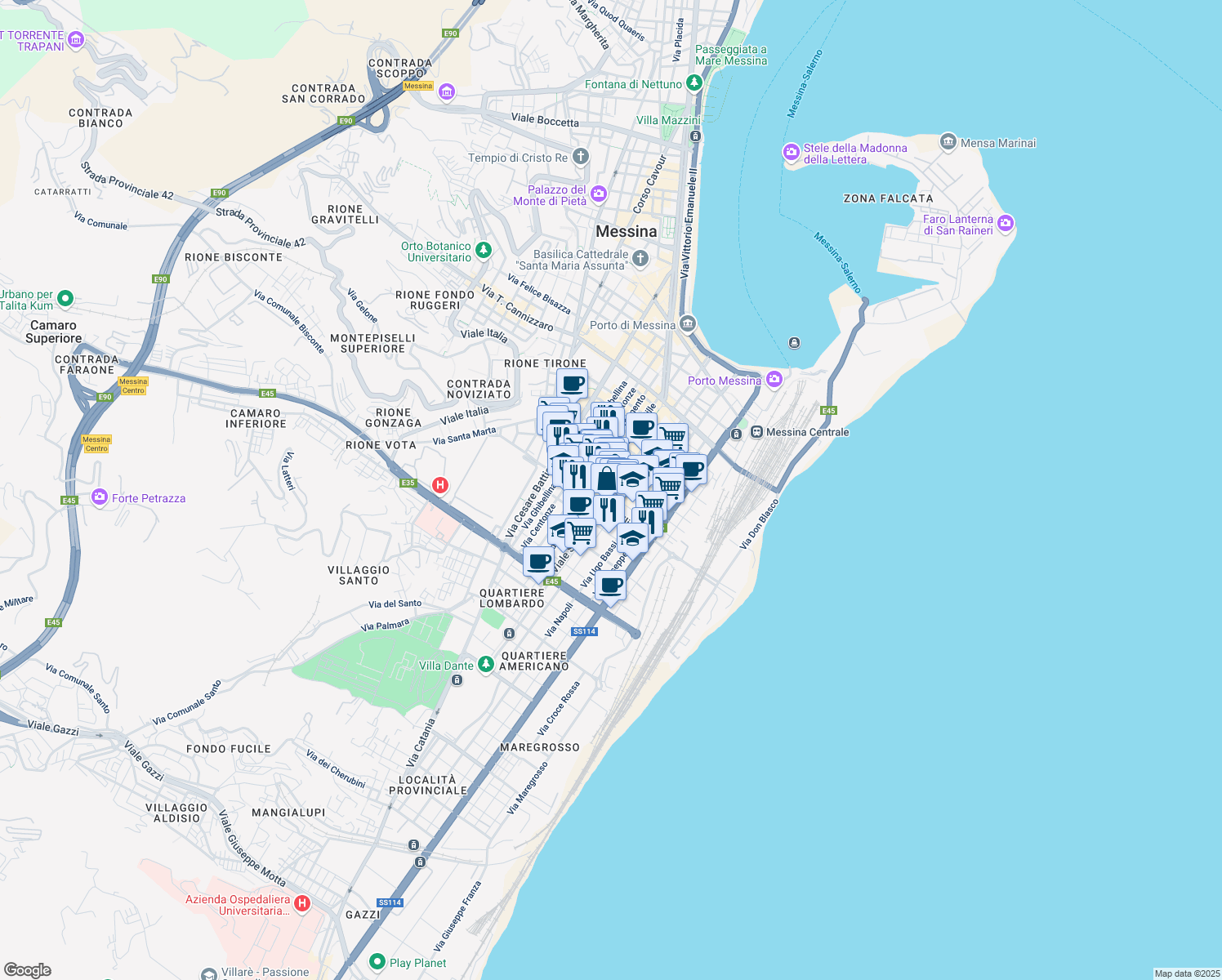 map of restaurants, bars, coffee shops, grocery stores, and more near 210 Via dei Mille in Messina