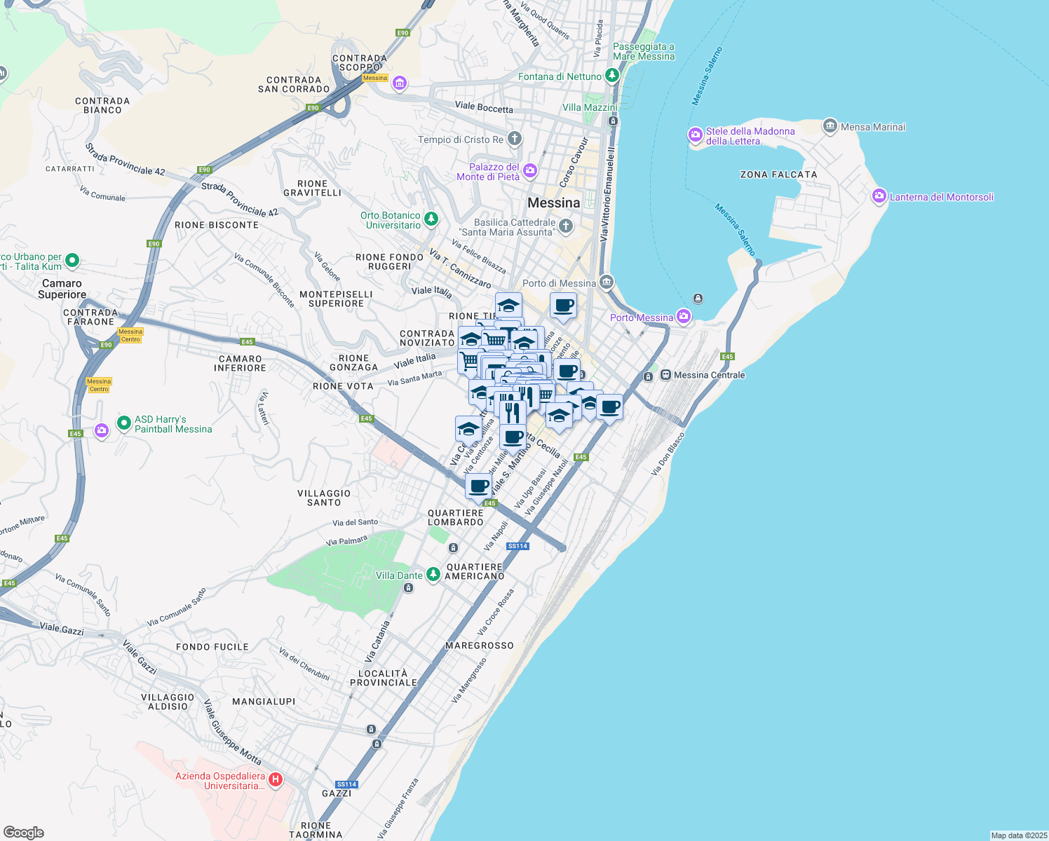 map of restaurants, bars, coffee shops, grocery stores, and more near 99 Via Nino Bixio in Messina