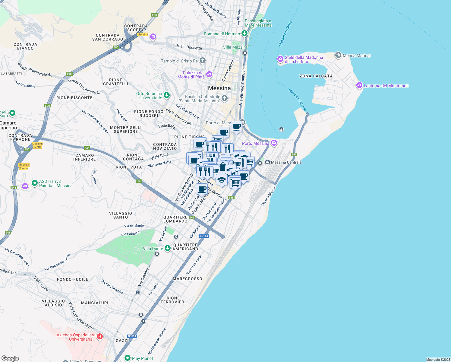 map of restaurants, bars, coffee shops, grocery stores, and more near 106 Via Giordano Bruno in Messina