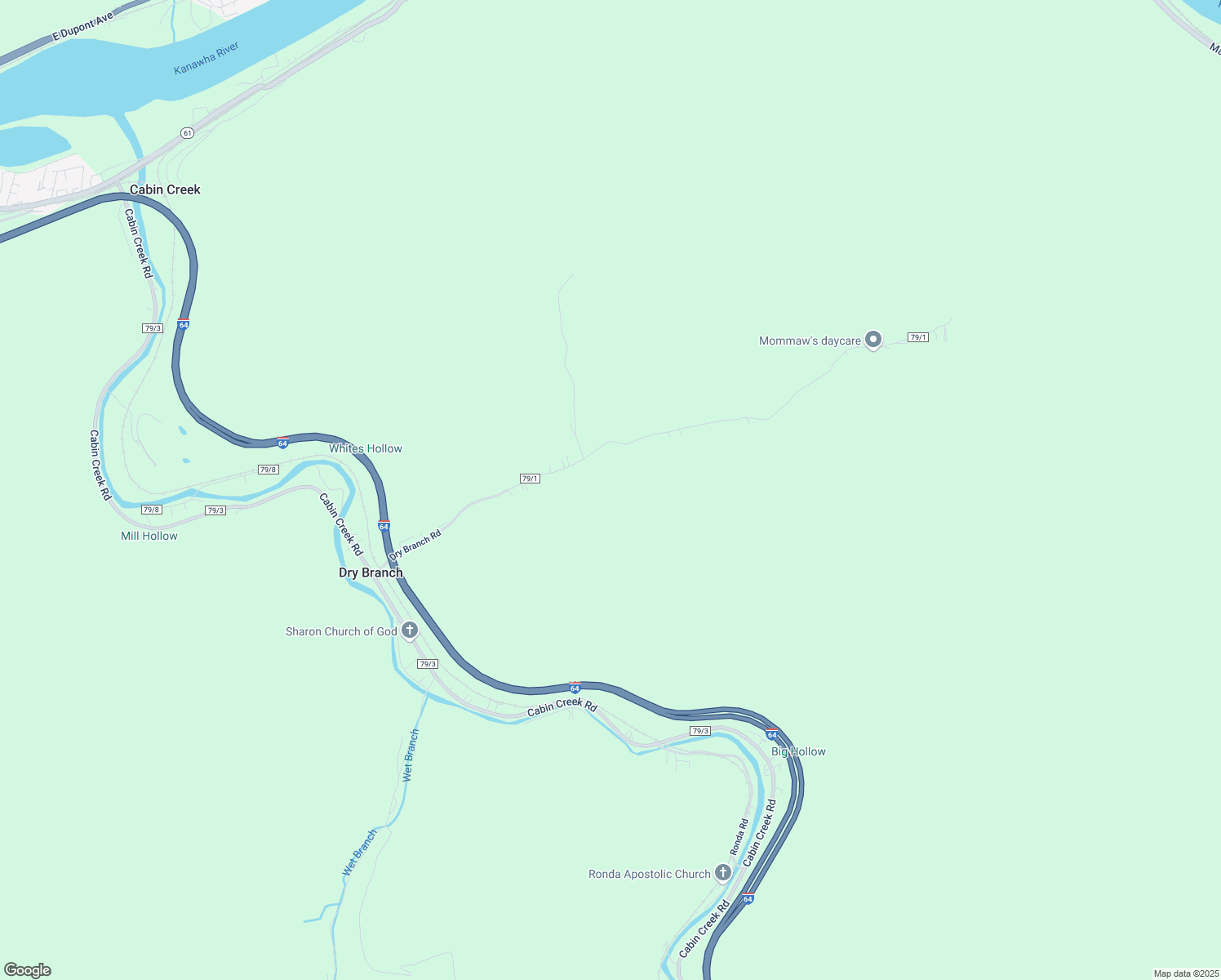 map of restaurants, bars, coffee shops, grocery stores, and more near 742 Dry Branch Road in Cabin Creek
