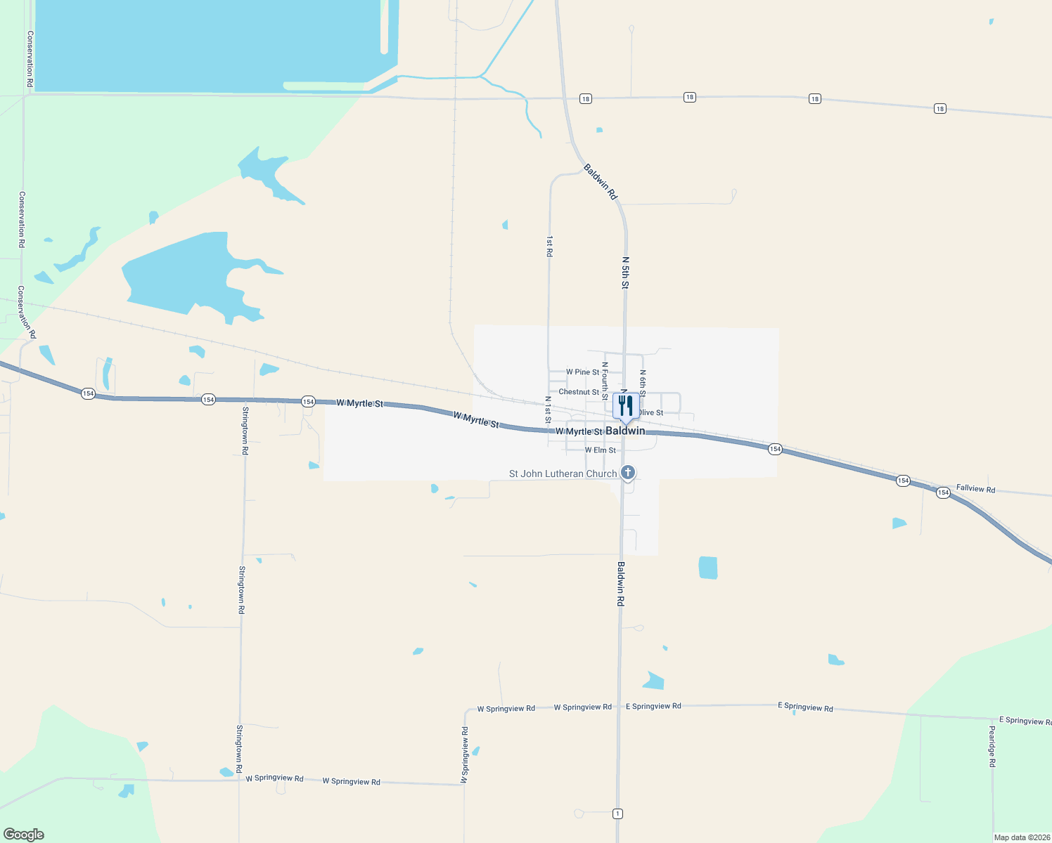 map of restaurants, bars, coffee shops, grocery stores, and more near 601 West Myrtle Street in Baldwin
