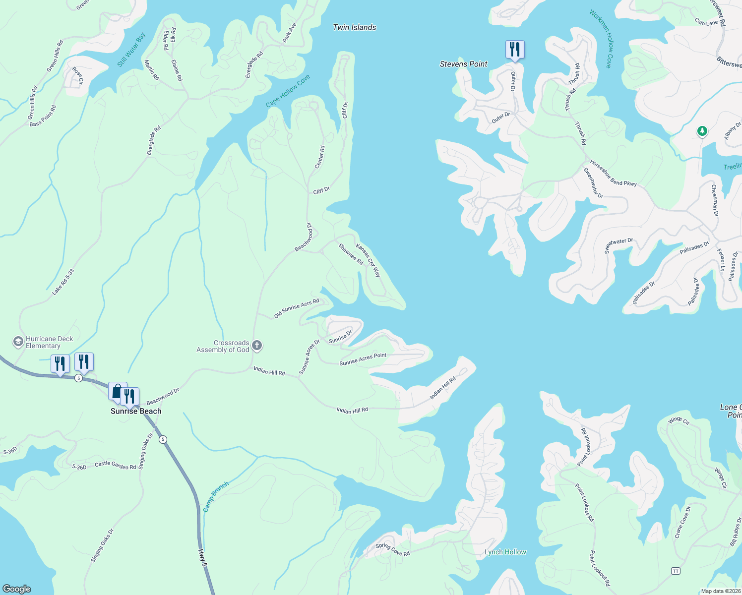 map of restaurants, bars, coffee shops, grocery stores, and more near Shawnee Dr in Sunrise Beach
