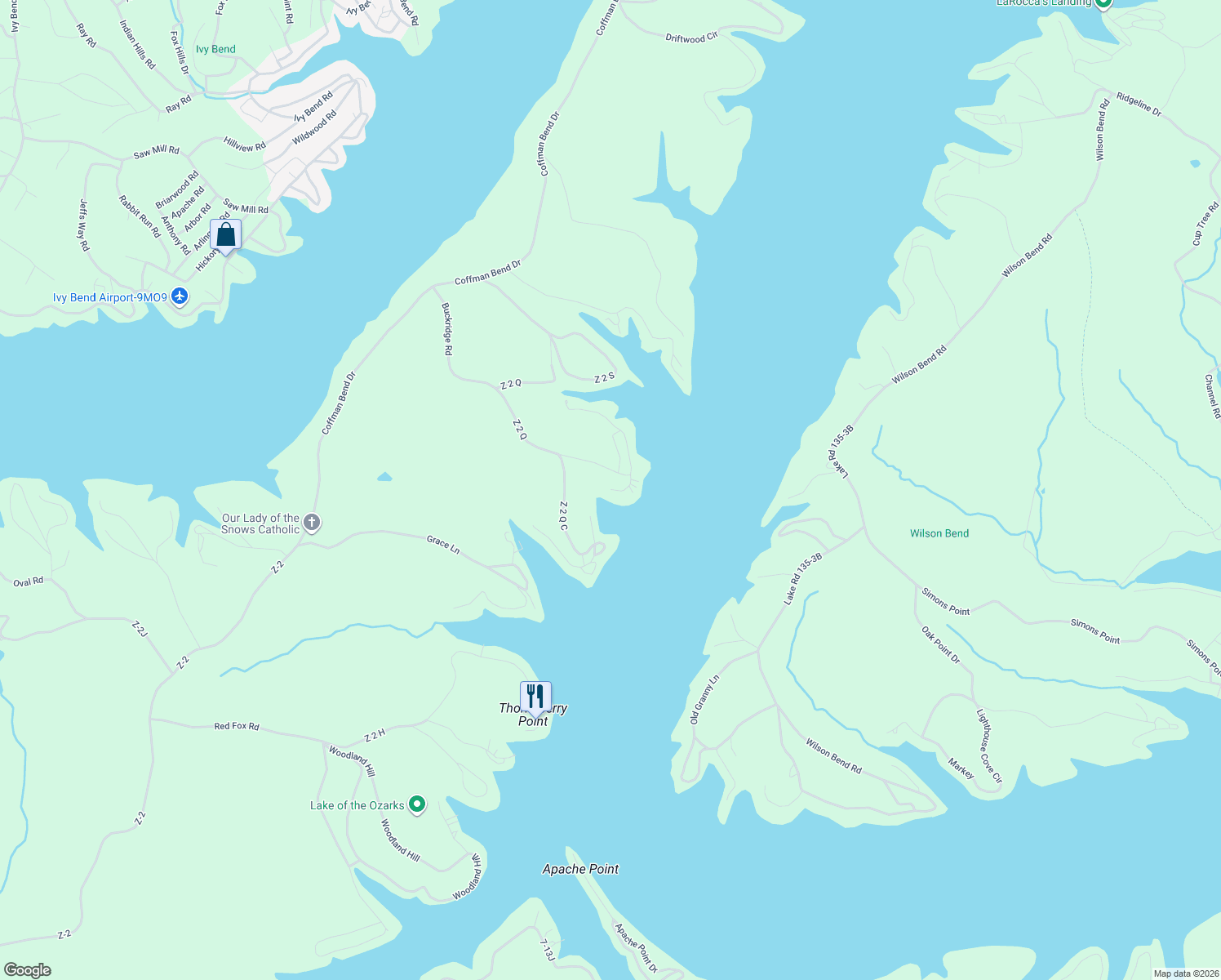 map of restaurants, bars, coffee shops, grocery stores, and more near 198 Squirrel Crossing Drive in Climax Springs
