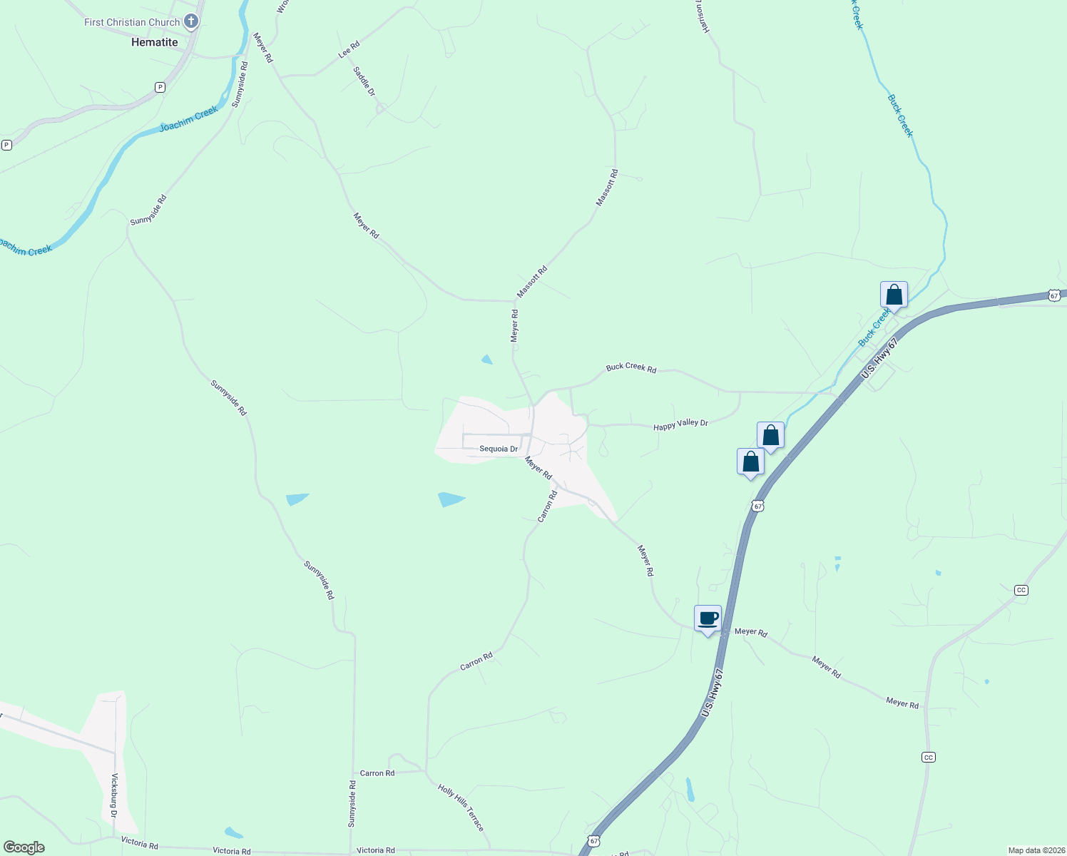 map of restaurants, bars, coffee shops, grocery stores, and more near 3037 Meyer Road in Festus