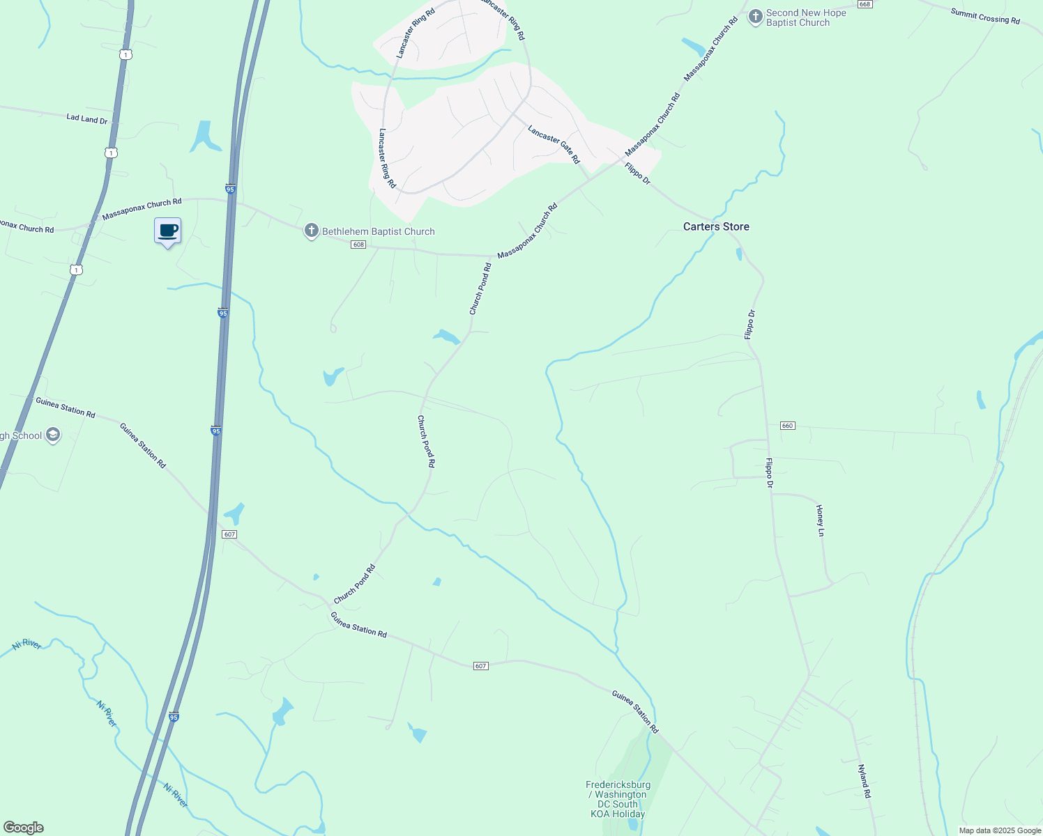 map of restaurants, bars, coffee shops, grocery stores, and more near 8107 South Woods Drive in Fredericksburg