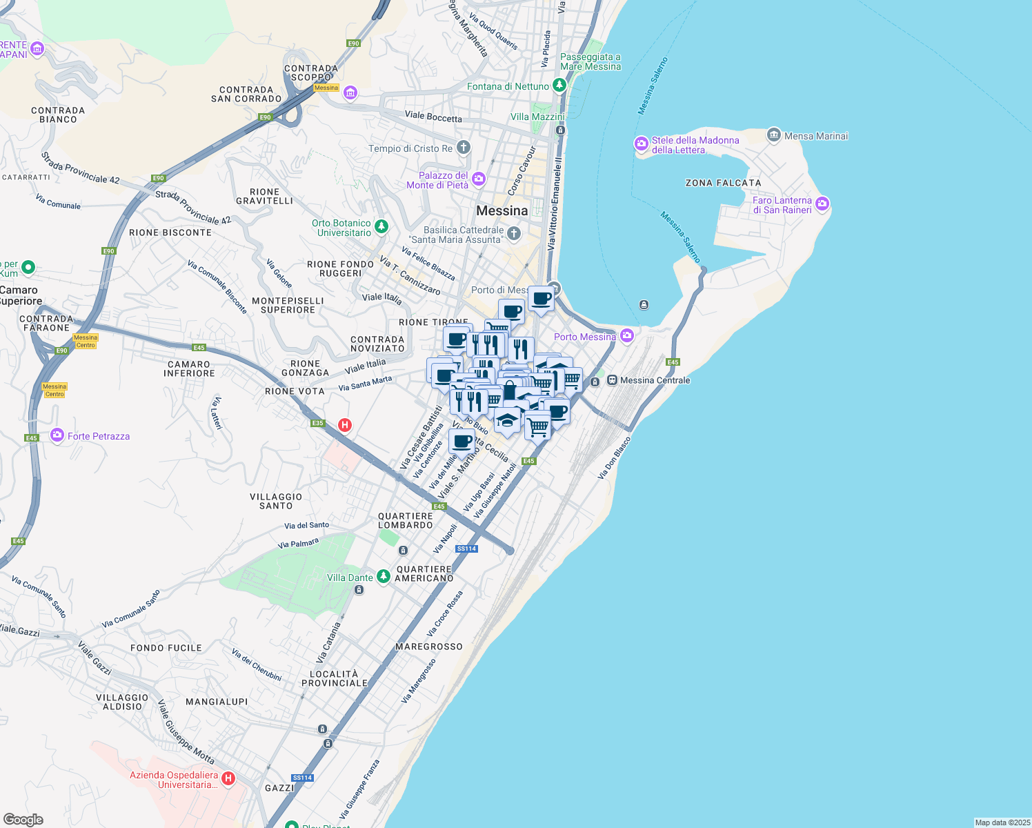 map of restaurants, bars, coffee shops, grocery stores, and more near 106 Via Giordano Bruno in Messina