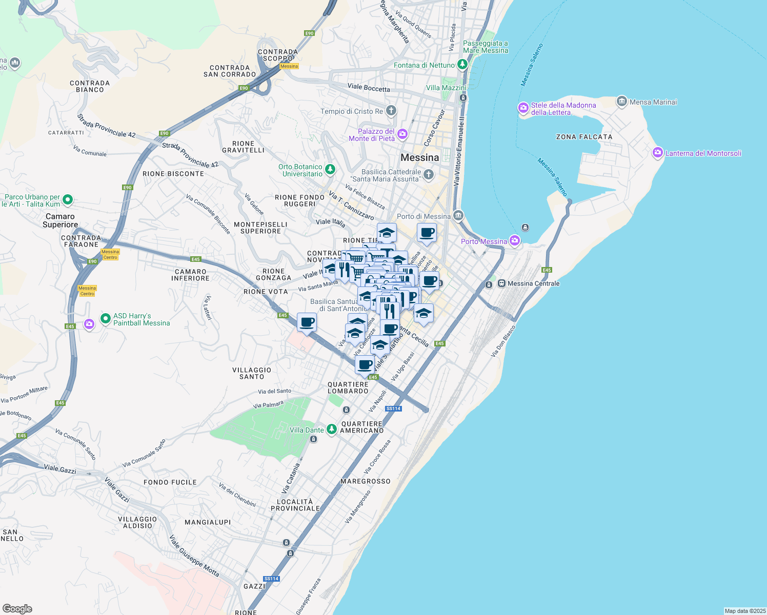 map of restaurants, bars, coffee shops, grocery stores, and more near 144 Via Nino Bixio in Messina