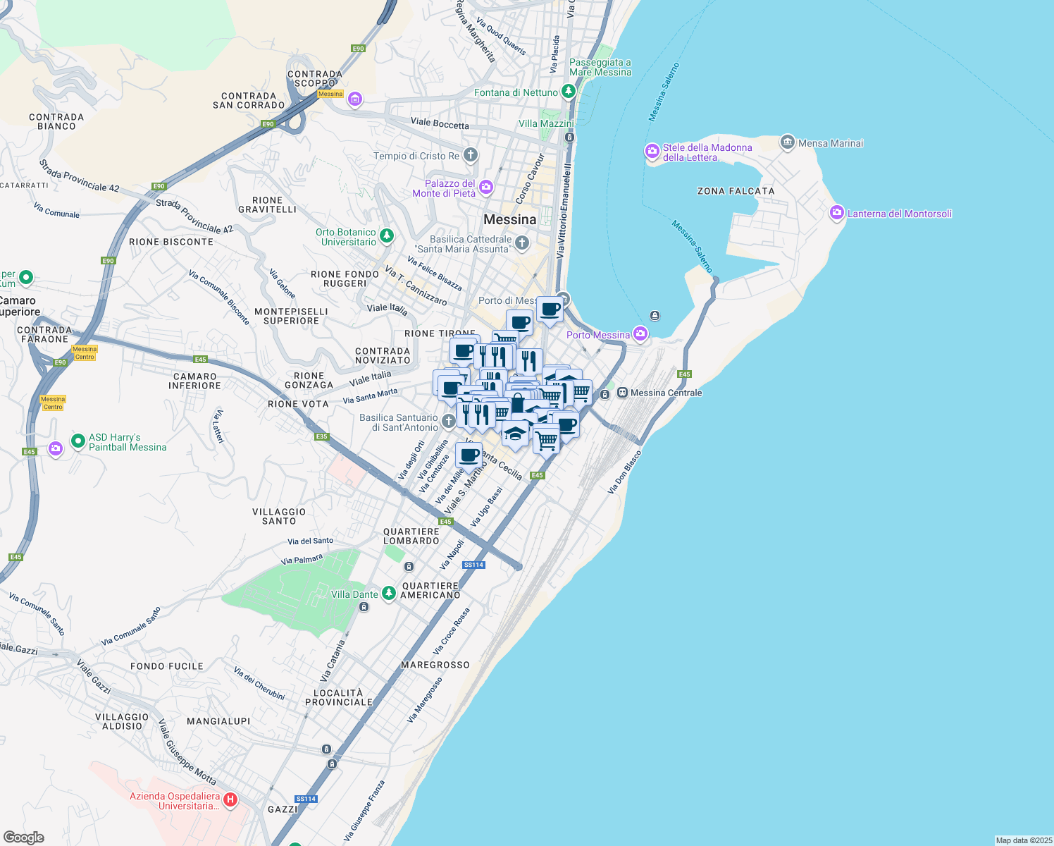 map of restaurants, bars, coffee shops, grocery stores, and more near 106 Via Giordano Bruno in Messina