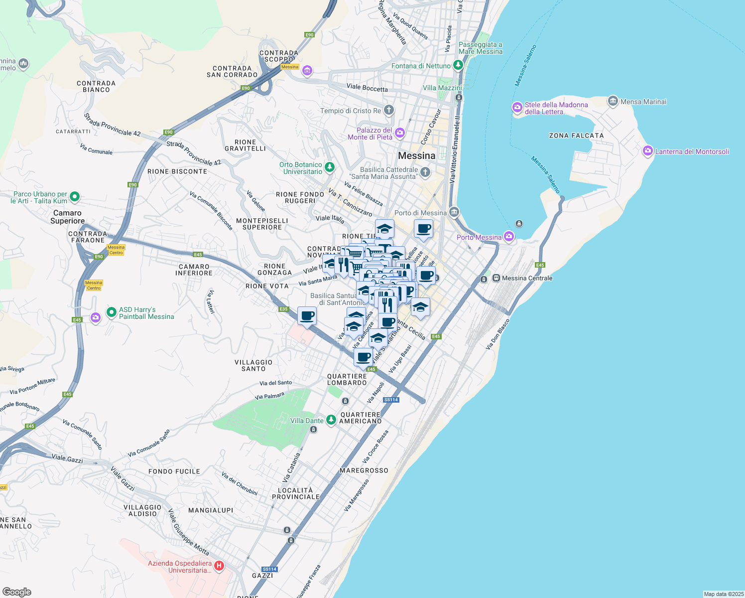 map of restaurants, bars, coffee shops, grocery stores, and more near 144 Via Nino Bixio in Messina