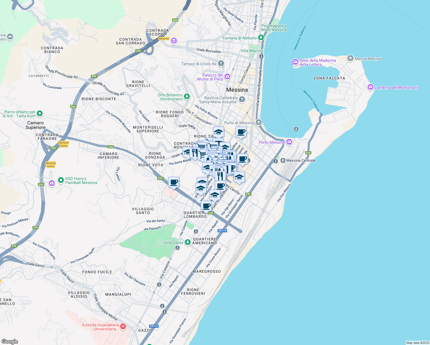 map of restaurants, bars, coffee shops, grocery stores, and more near 144 Via Nino Bixio in Messina