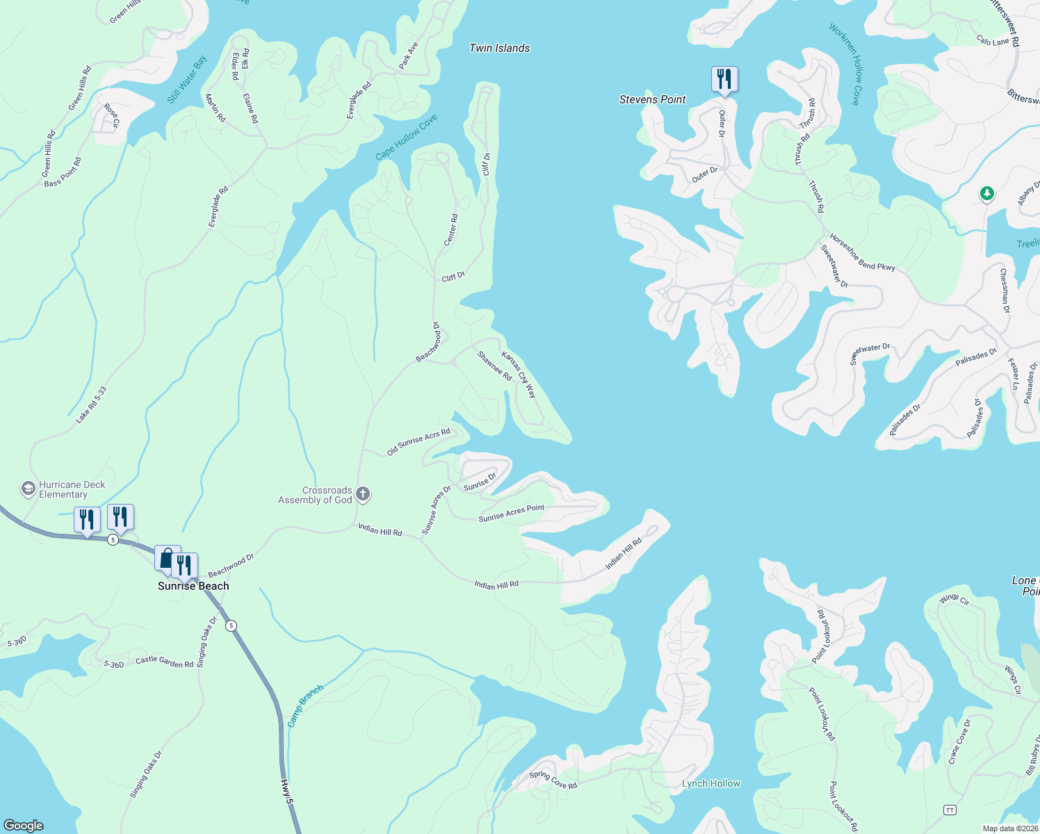 map of restaurants, bars, coffee shops, grocery stores, and more near Shawnee Dr in Sunrise Beach