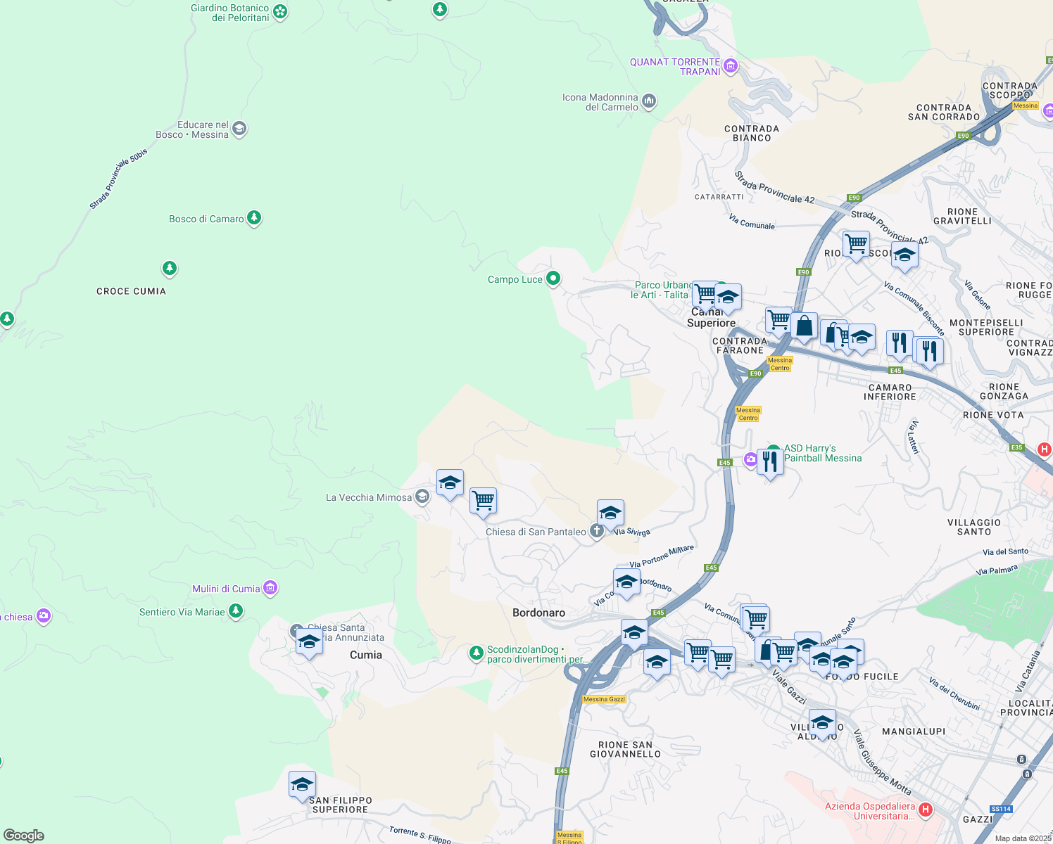 map of restaurants, bars, coffee shops, grocery stores, and more near in Metropolitan City of Messina