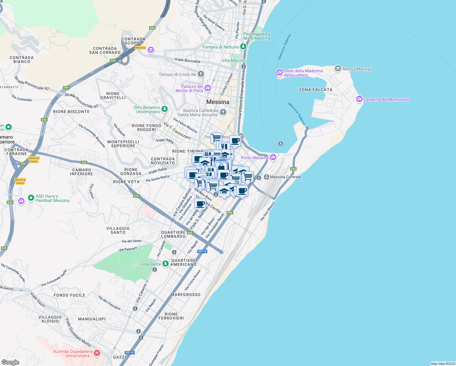 map of restaurants, bars, coffee shops, grocery stores, and more near 65 Via XXVII Luglio in Messina
