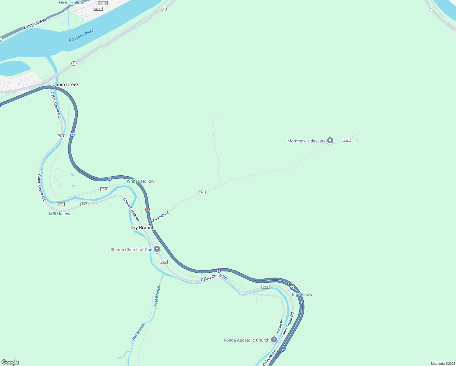 map of restaurants, bars, coffee shops, grocery stores, and more near 742 Dry Branch Road in Cabin Creek