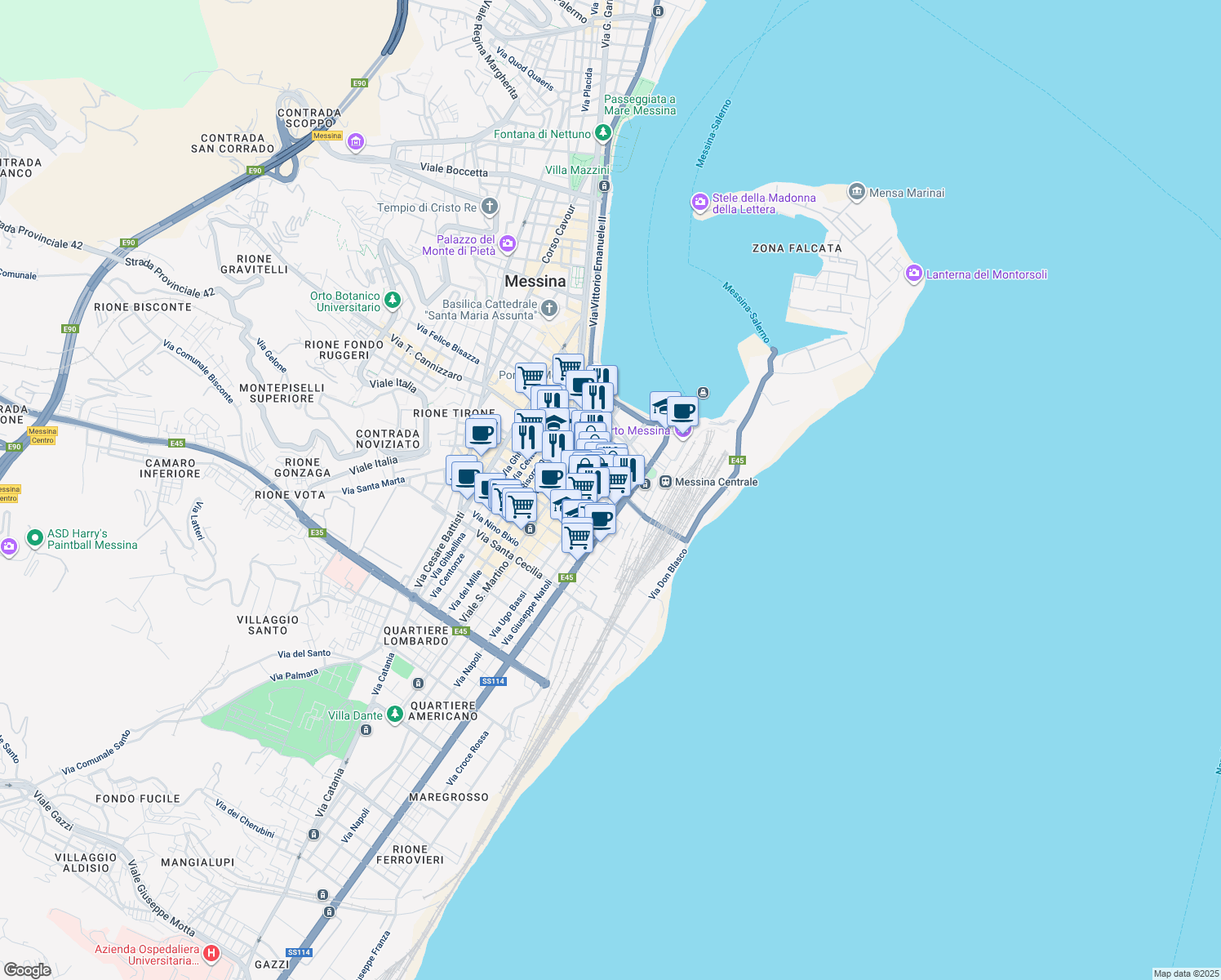 map of restaurants, bars, coffee shops, grocery stores, and more near 45 Via T. Cannizzaro in Messina