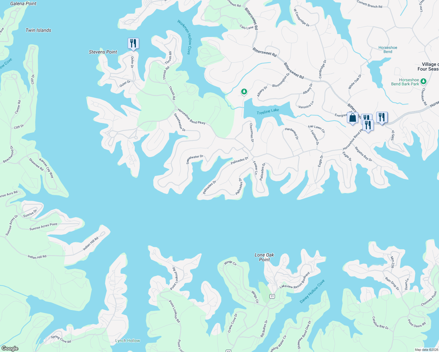 map of restaurants, bars, coffee shops, grocery stores, and more near 255-4187 Palisades Drive in Village of Four Seasons