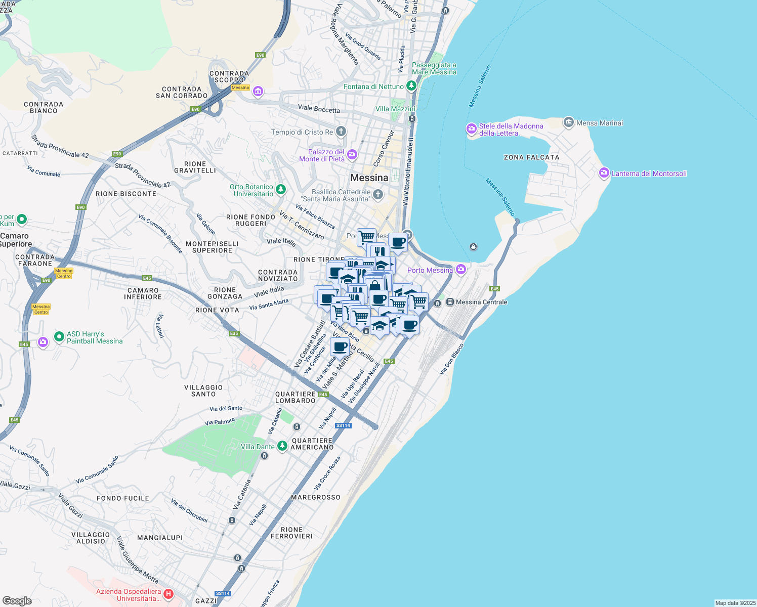 map of restaurants, bars, coffee shops, grocery stores, and more near 65 Via XXVII Luglio in Messina