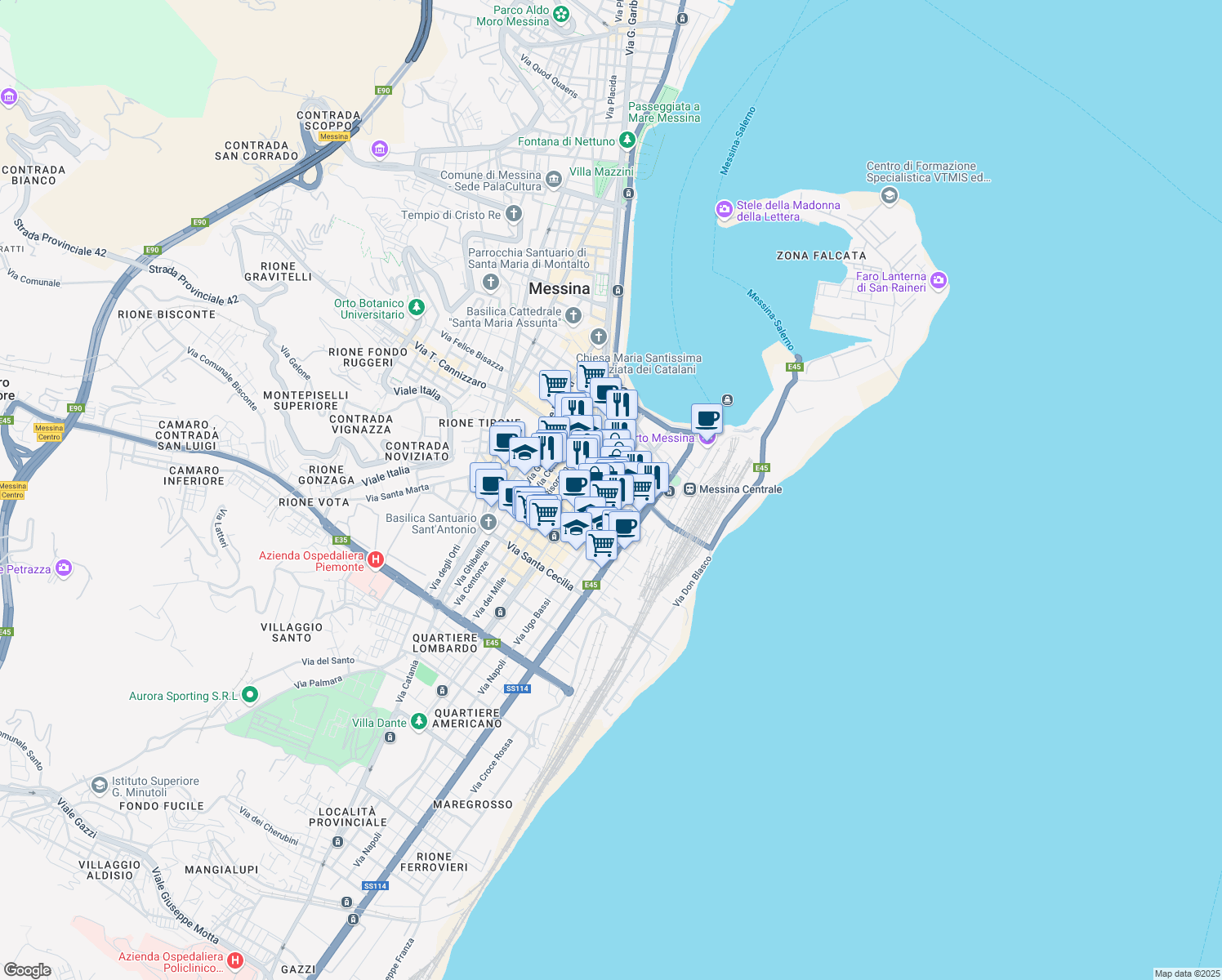 map of restaurants, bars, coffee shops, grocery stores, and more near 36 Piazza Cairoli in Messina