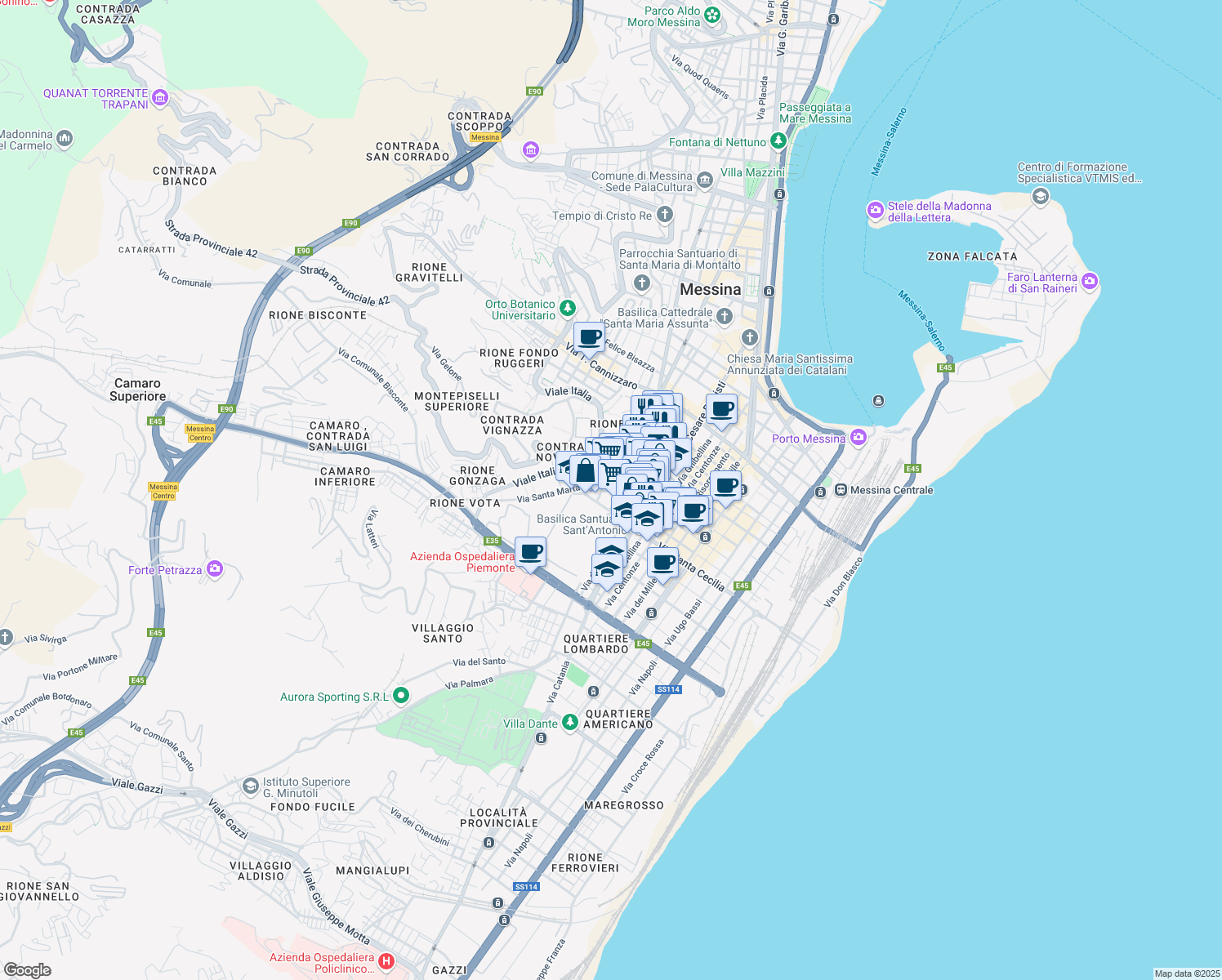 map of restaurants, bars, coffee shops, grocery stores, and more near 44 Via Santa Maria del Selciato in Messina