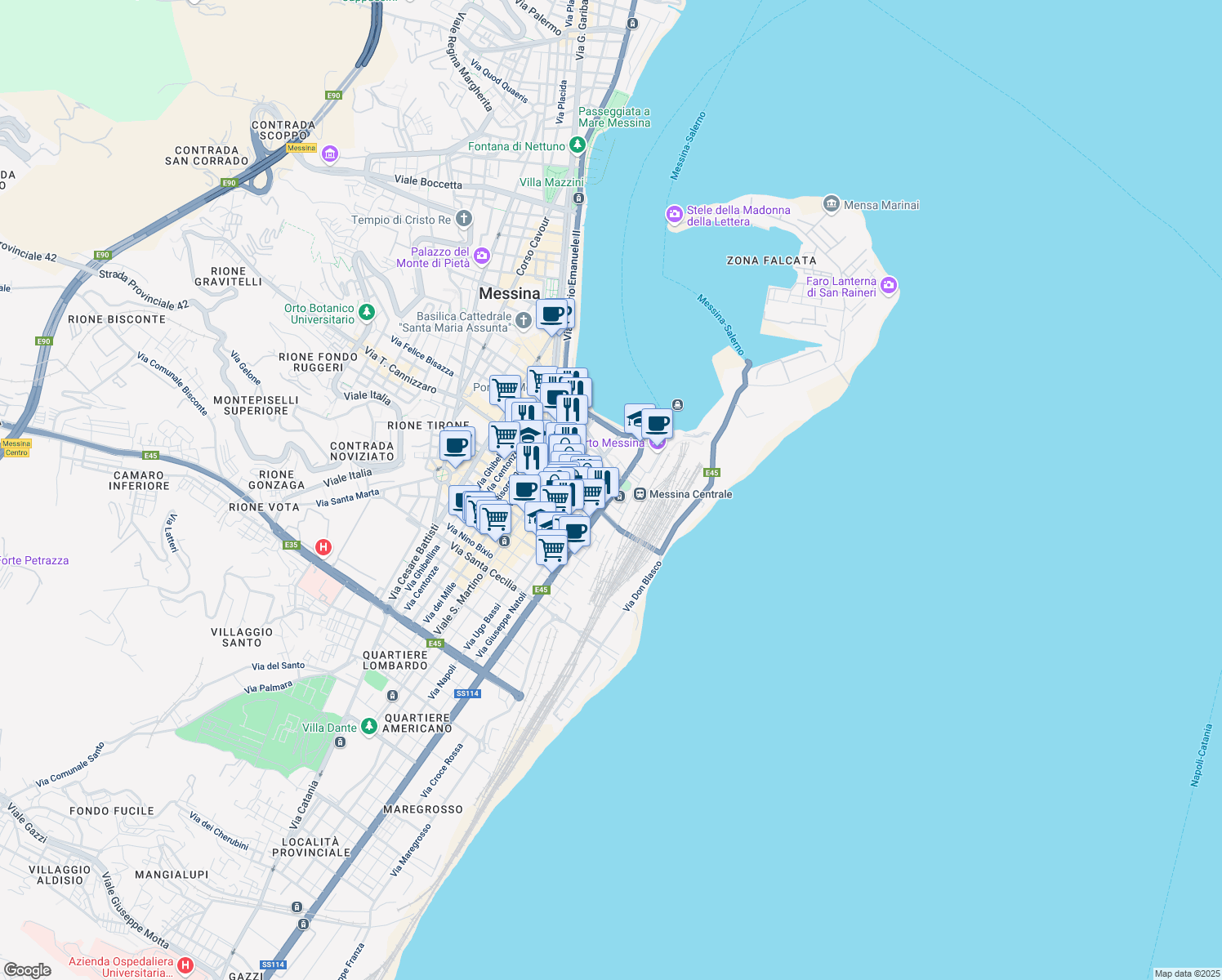 map of restaurants, bars, coffee shops, grocery stores, and more near 3 Via del Vespro in Messina