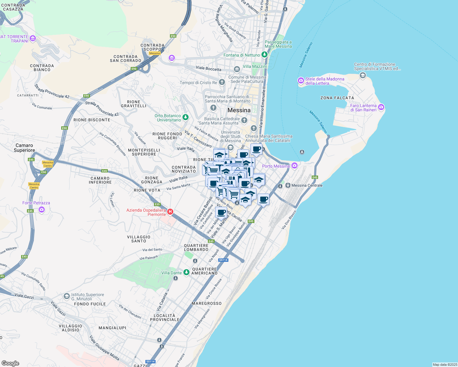map of restaurants, bars, coffee shops, grocery stores, and more near 114 Via Centonze in Messina