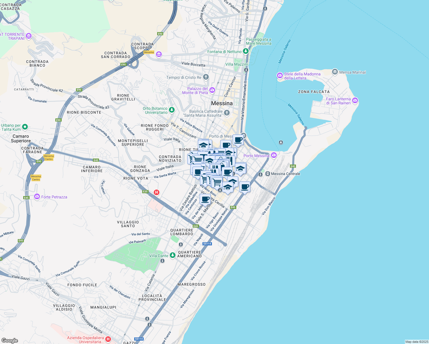 map of restaurants, bars, coffee shops, grocery stores, and more near 114 Via Centonze in Messina