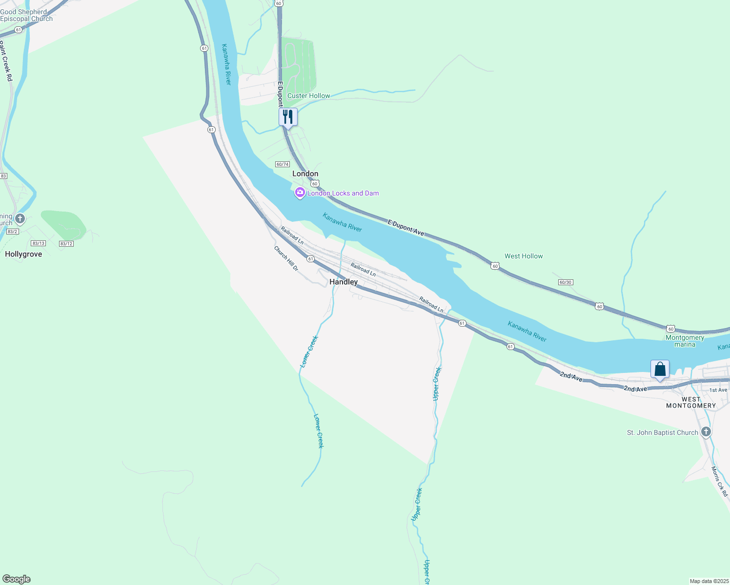 map of restaurants, bars, coffee shops, grocery stores, and more near 1st Avenue in Handley