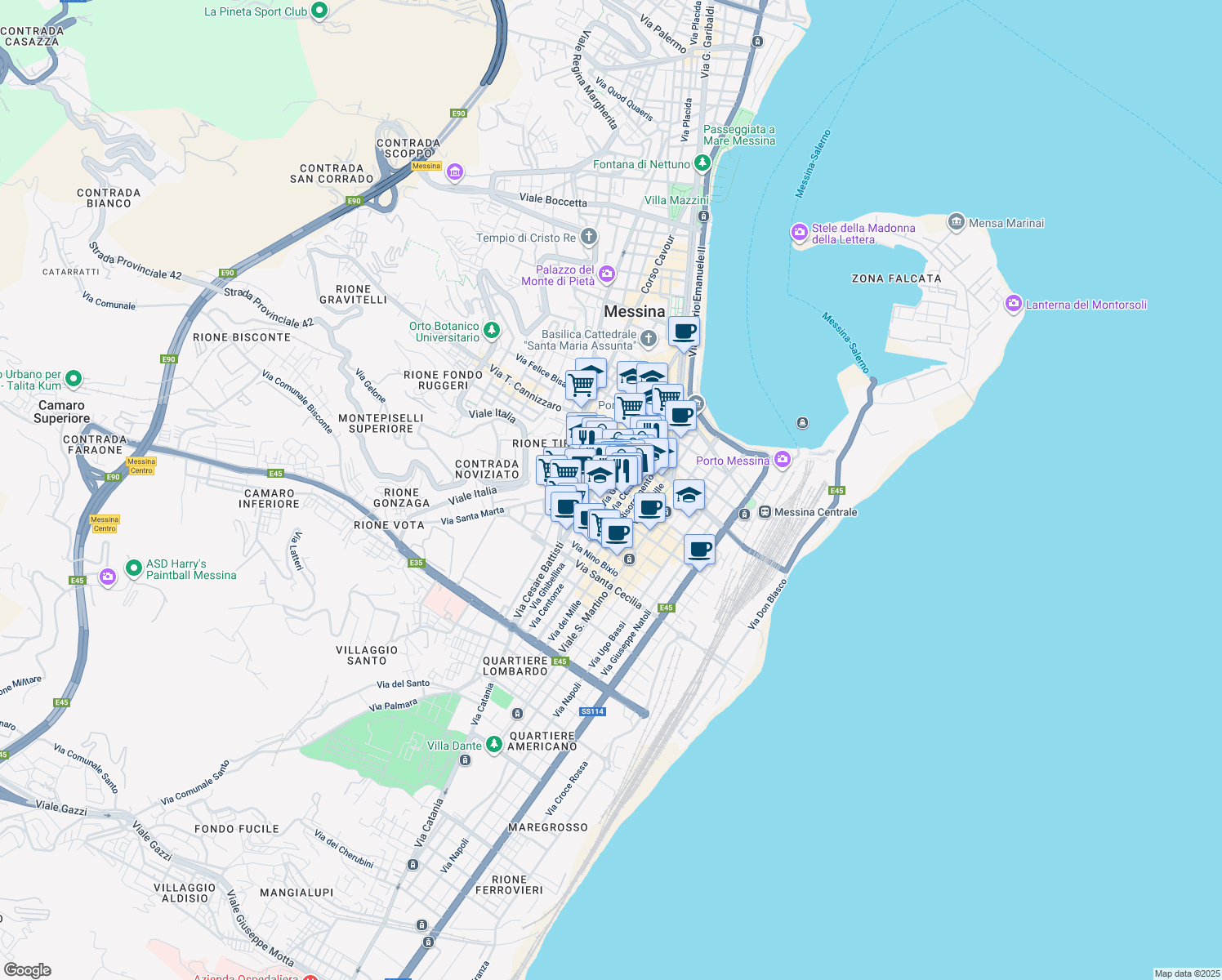 map of restaurants, bars, coffee shops, grocery stores, and more near 121 Via Nicola Fabrizi in Messina