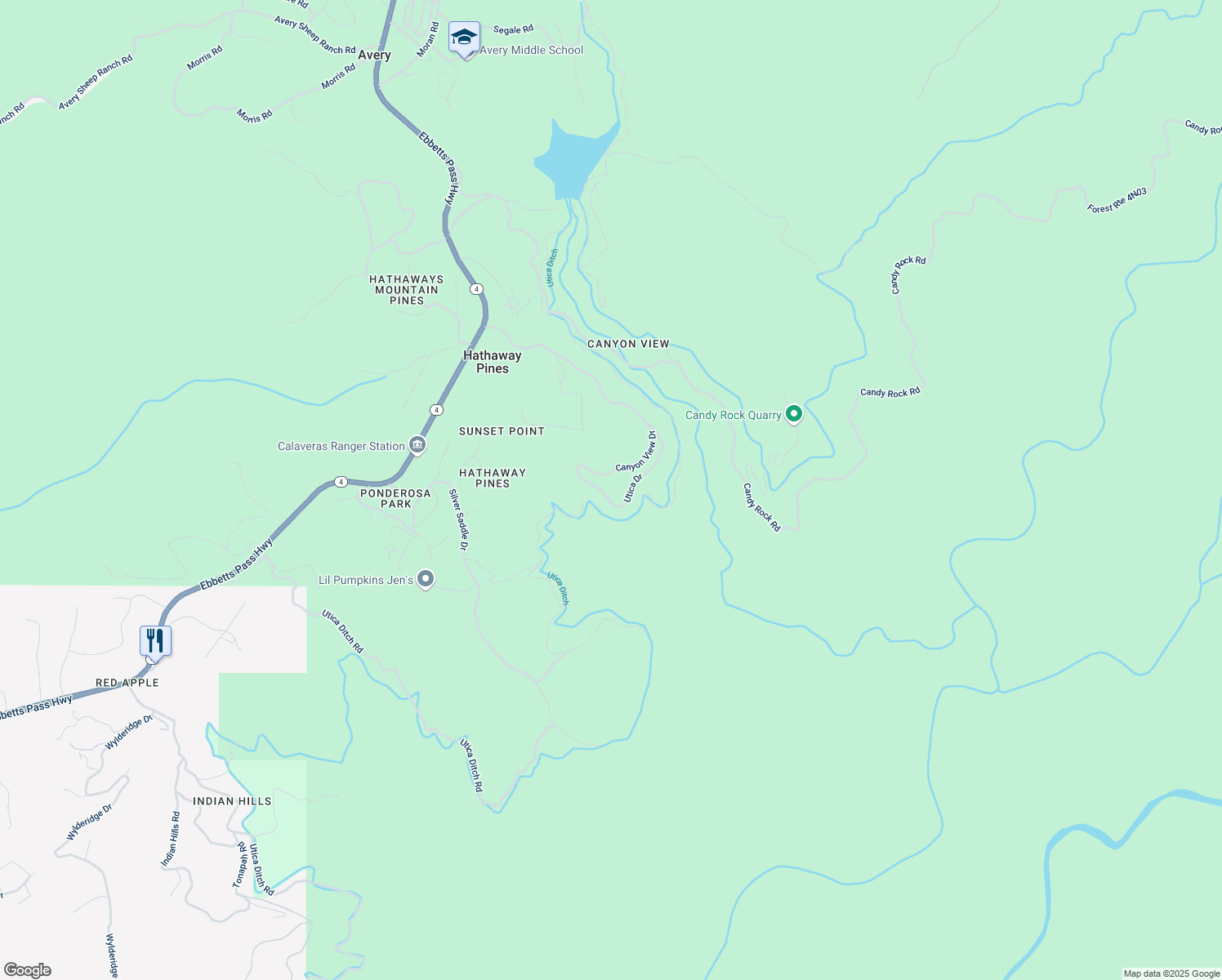 map of restaurants, bars, coffee shops, grocery stores, and more near 681 Canyon View Drive in Avery