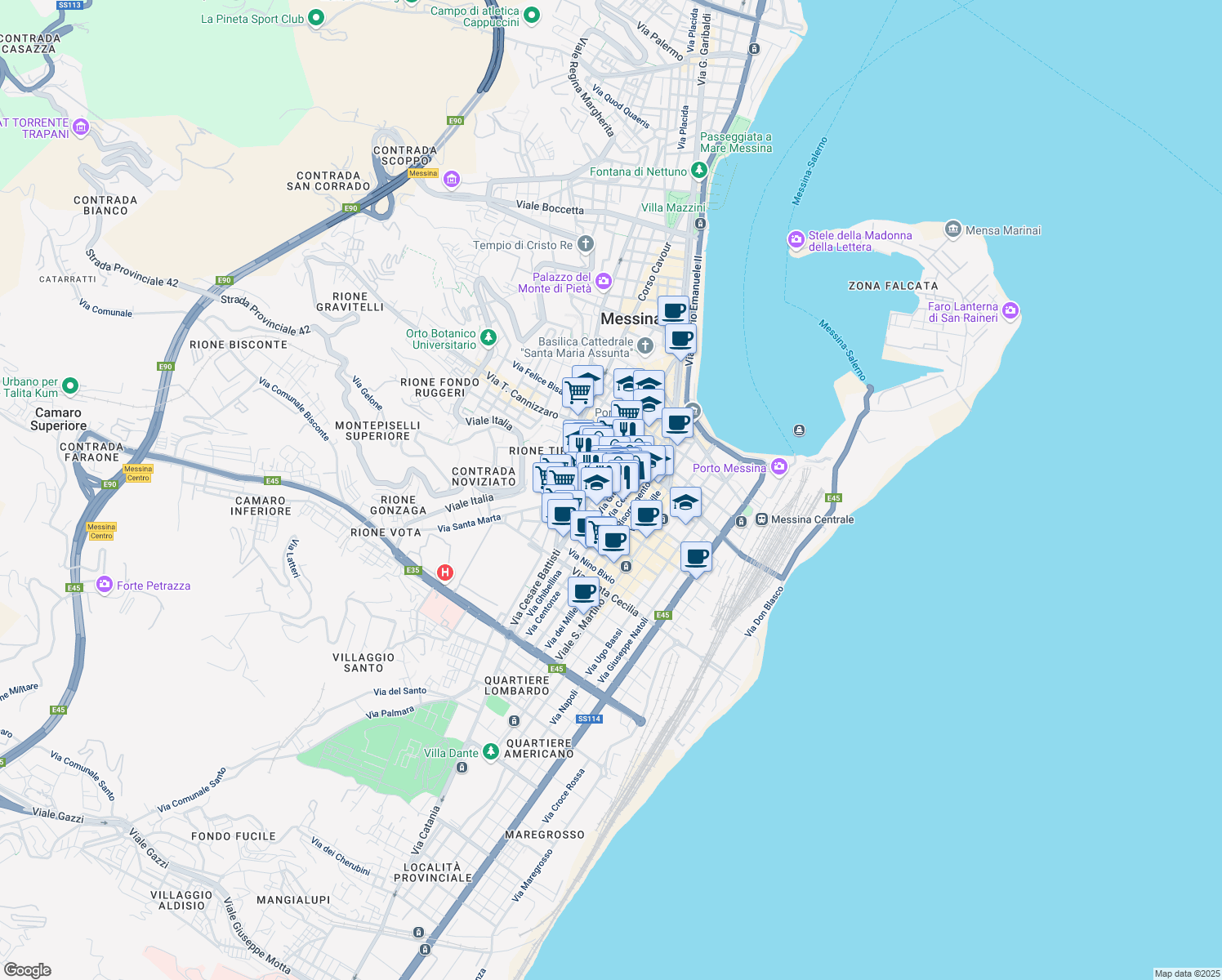 map of restaurants, bars, coffee shops, grocery stores, and more near 121 Via Nicola Fabrizi in Messina