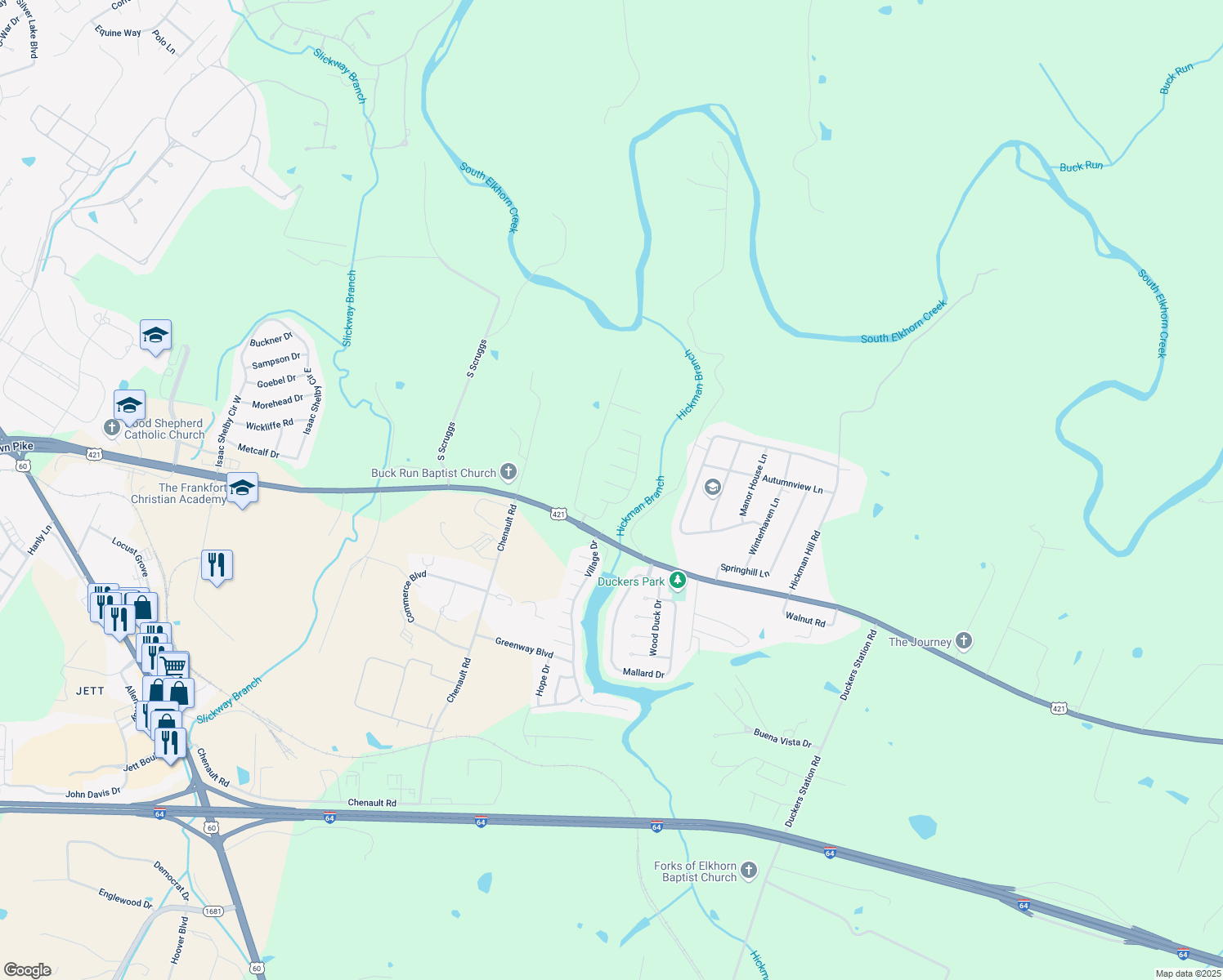 map of restaurants, bars, coffee shops, grocery stores, and more near 107 Wisteria Lane in Frankfort
