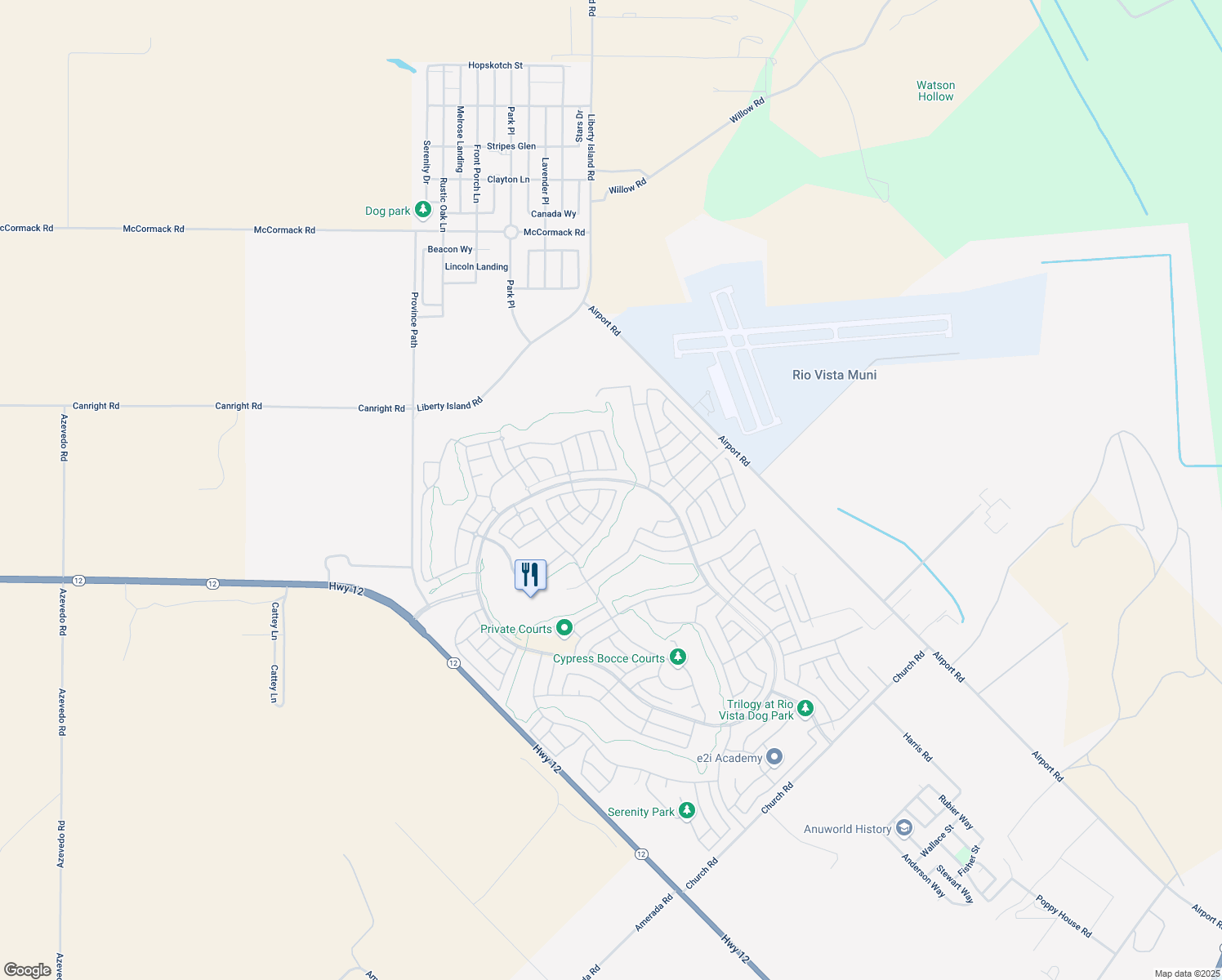 map of restaurants, bars, coffee shops, grocery stores, and more near 416 Springhill Drive in Rio Vista