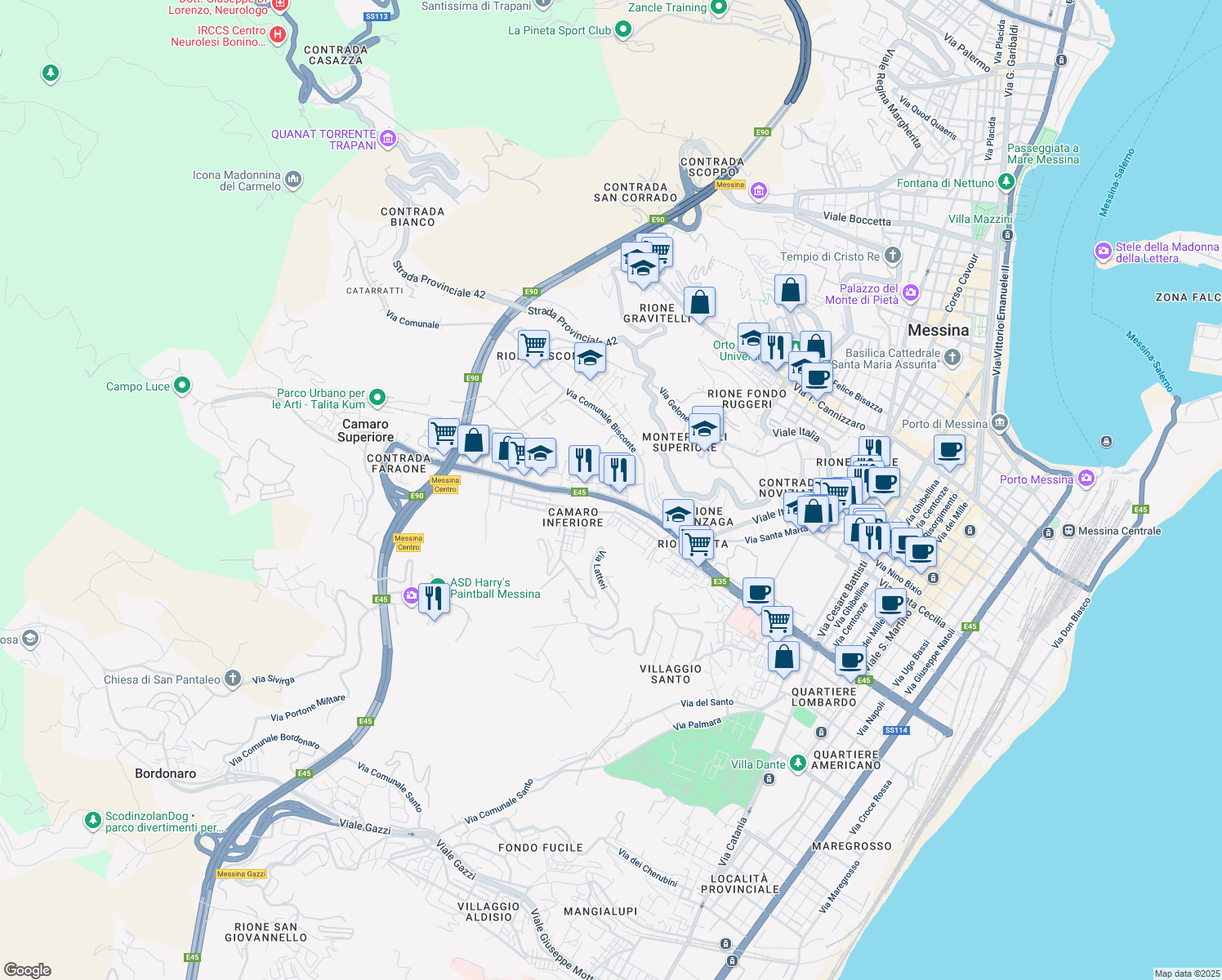 map of restaurants, bars, coffee shops, grocery stores, and more near Via Andrea Arena in Messina
