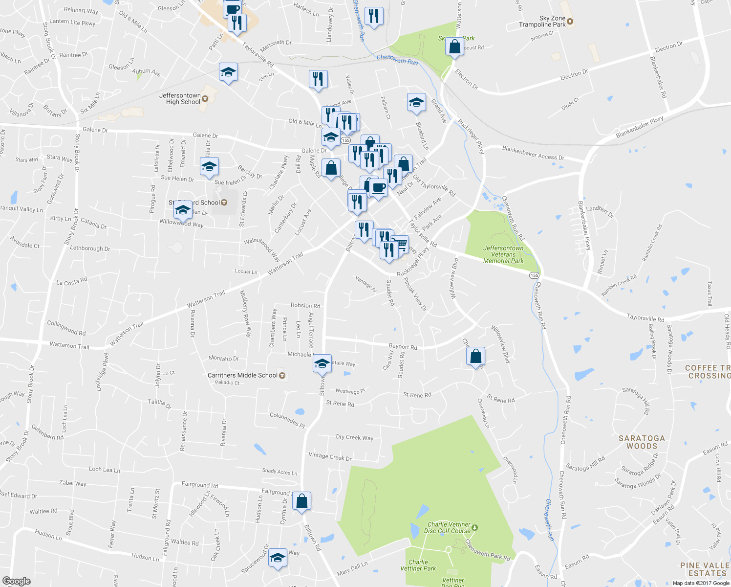 map of restaurants, bars, coffee shops, grocery stores, and more near 10305 Vantage Road in Louisville