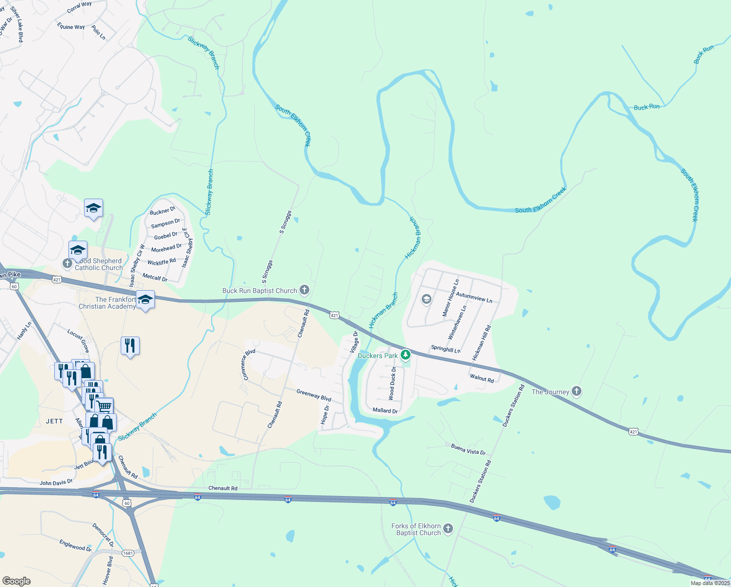map of restaurants, bars, coffee shops, grocery stores, and more near 107 Wisteria Lane in Frankfort