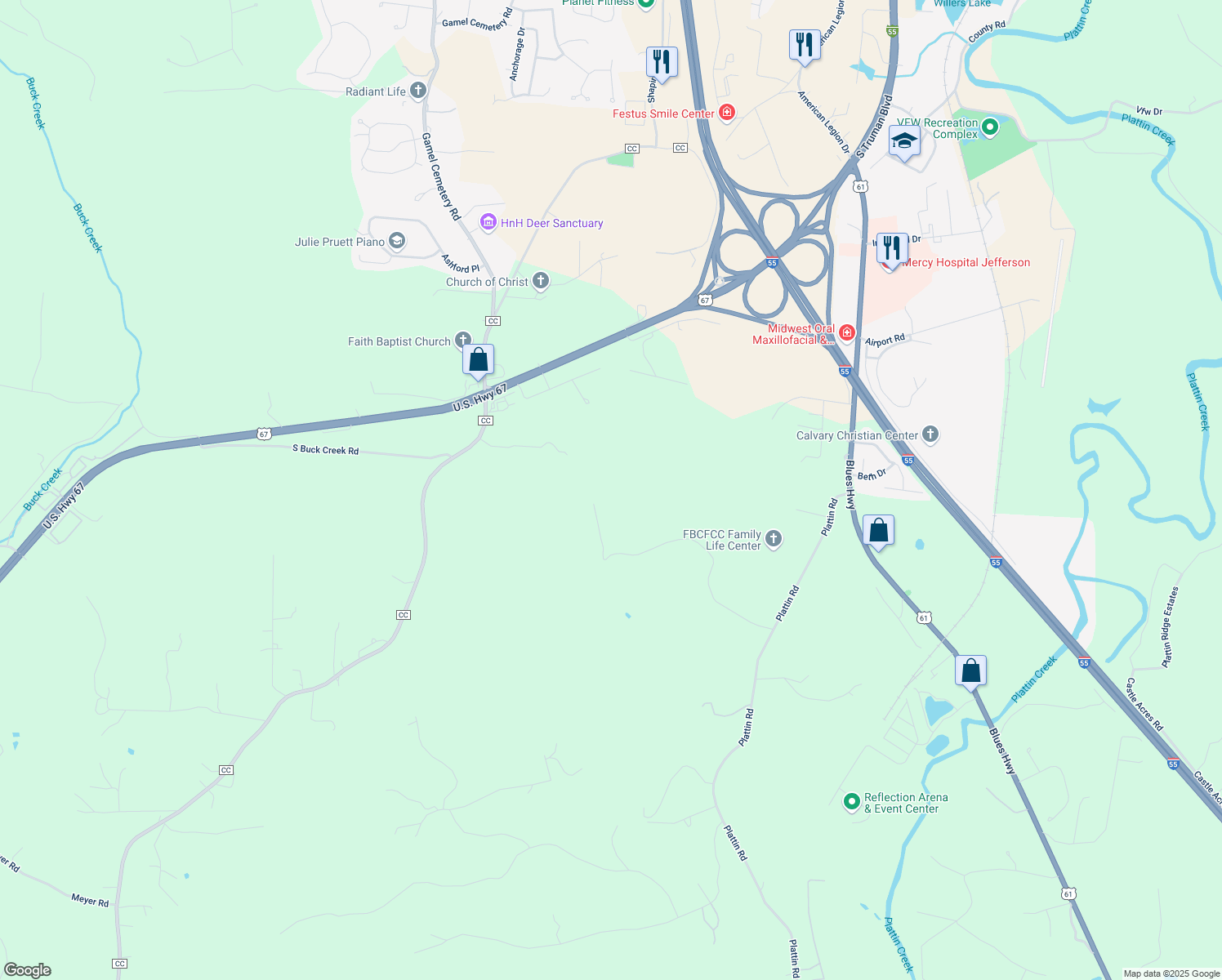 map of restaurants, bars, coffee shops, grocery stores, and more near 1603 Plattin Road in Festus