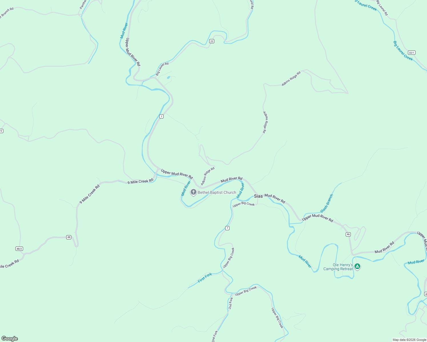 map of restaurants, bars, coffee shops, grocery stores, and more near 46 Adkins Ridge Road in Branchland