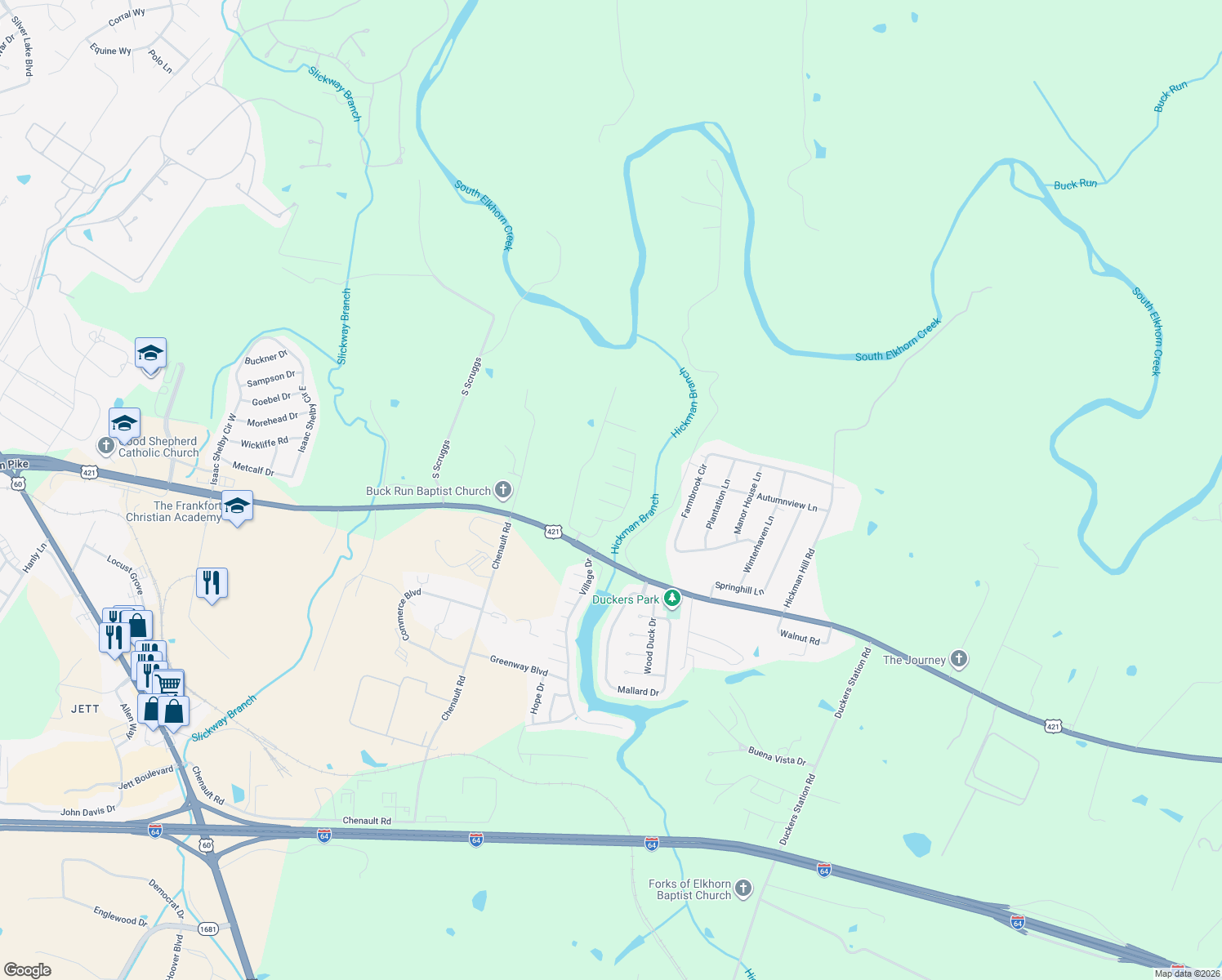 map of restaurants, bars, coffee shops, grocery stores, and more near 112 Bayberry Lane in Frankfort