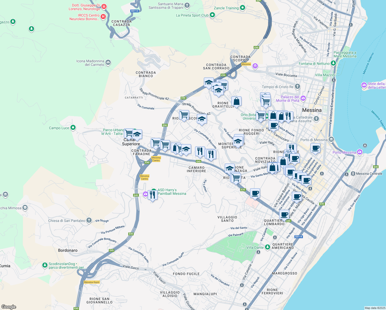 map of restaurants, bars, coffee shops, grocery stores, and more near 6 Via Gaetano Stefanori in Messina