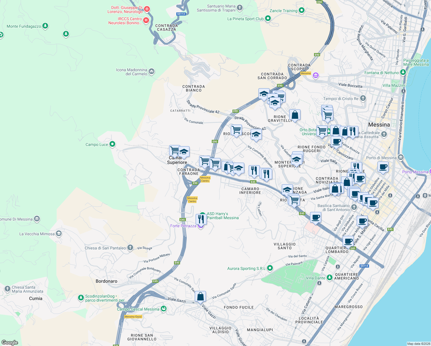 map of restaurants, bars, coffee shops, grocery stores, and more near 162 Via Comunale Camaro in Messina