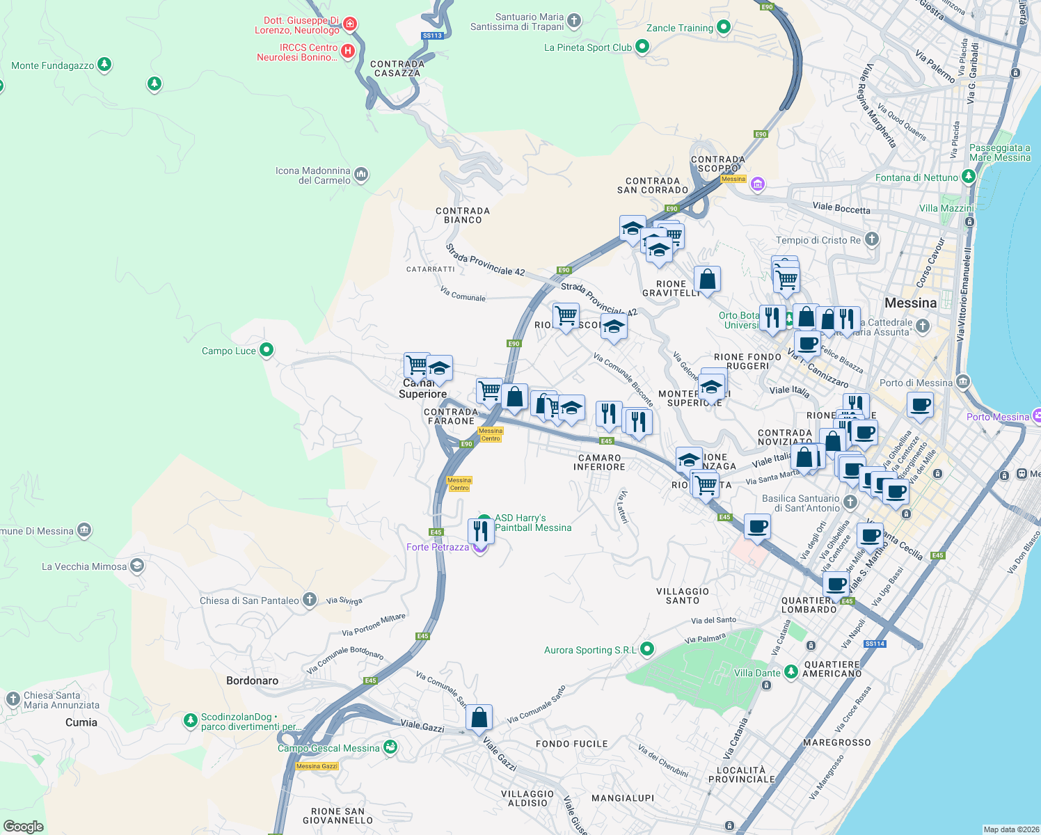 map of restaurants, bars, coffee shops, grocery stores, and more near 162 Via Comunale Camaro in Messina