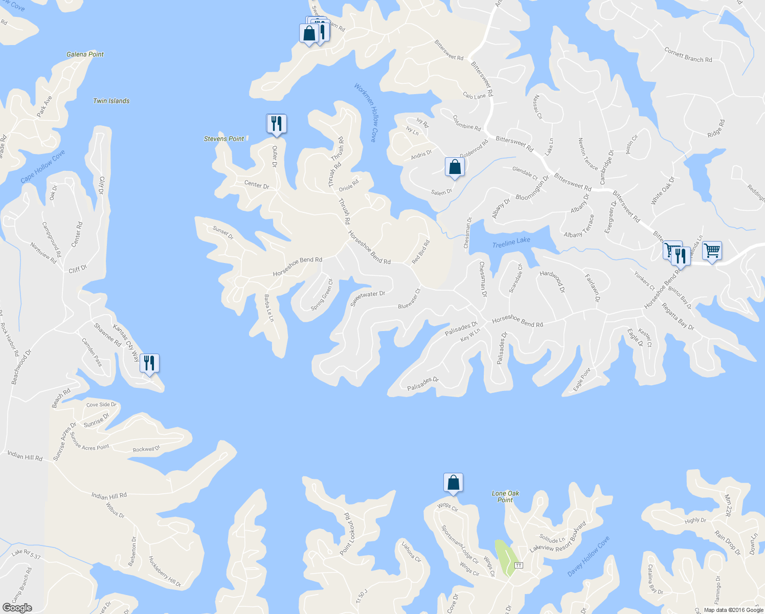 map of restaurants, bars, coffee shops, grocery stores, and more near 2 Bluewater Court in Village of Four Seasons