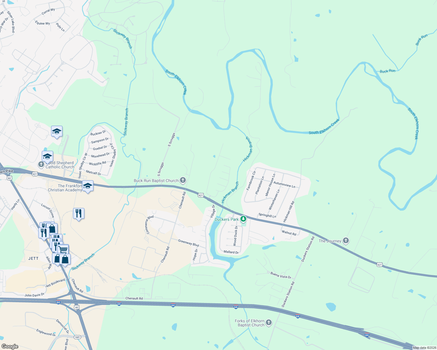 map of restaurants, bars, coffee shops, grocery stores, and more near 112 Bayberry Lane in Frankfort