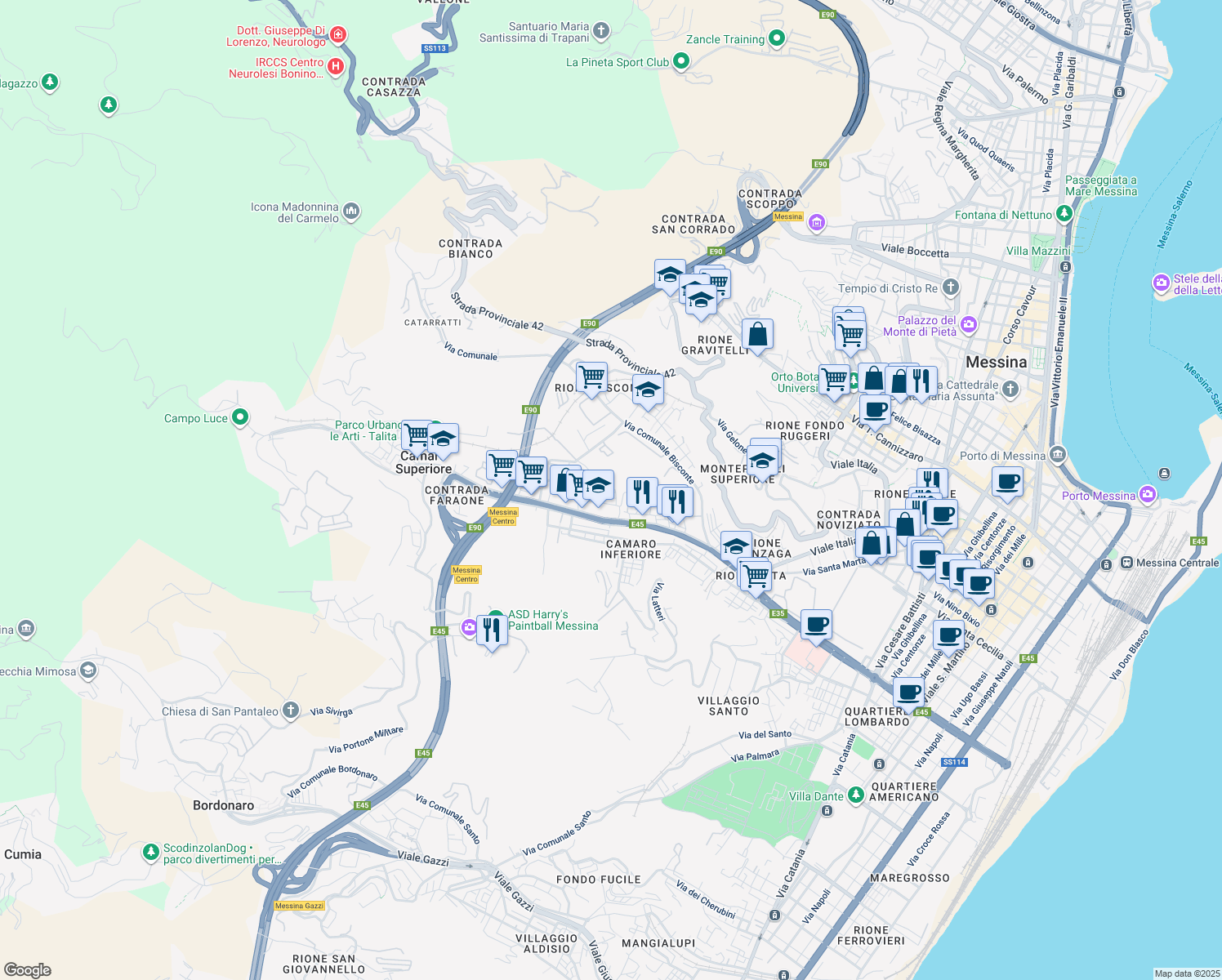 map of restaurants, bars, coffee shops, grocery stores, and more near 6 Via Gaetano Stefanori in Messina